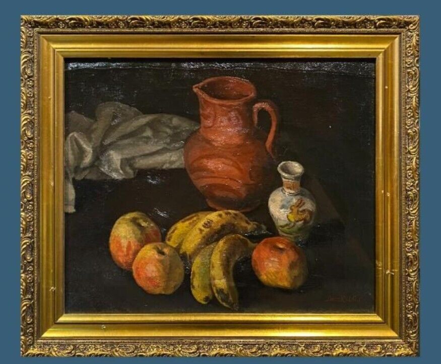 Original 20th Century Impressionist Oil Painting – Still Life Composition photo furniture