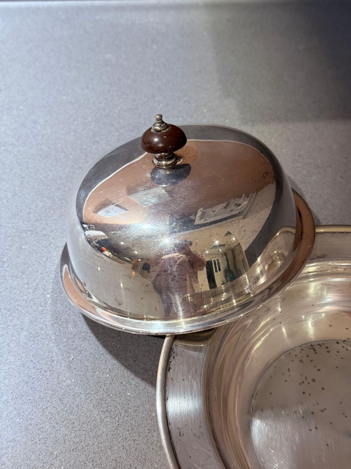 Antique Silver Plated Butter Dish With Wooden Knob, Caviar Dish Tableware Home photo vinterior