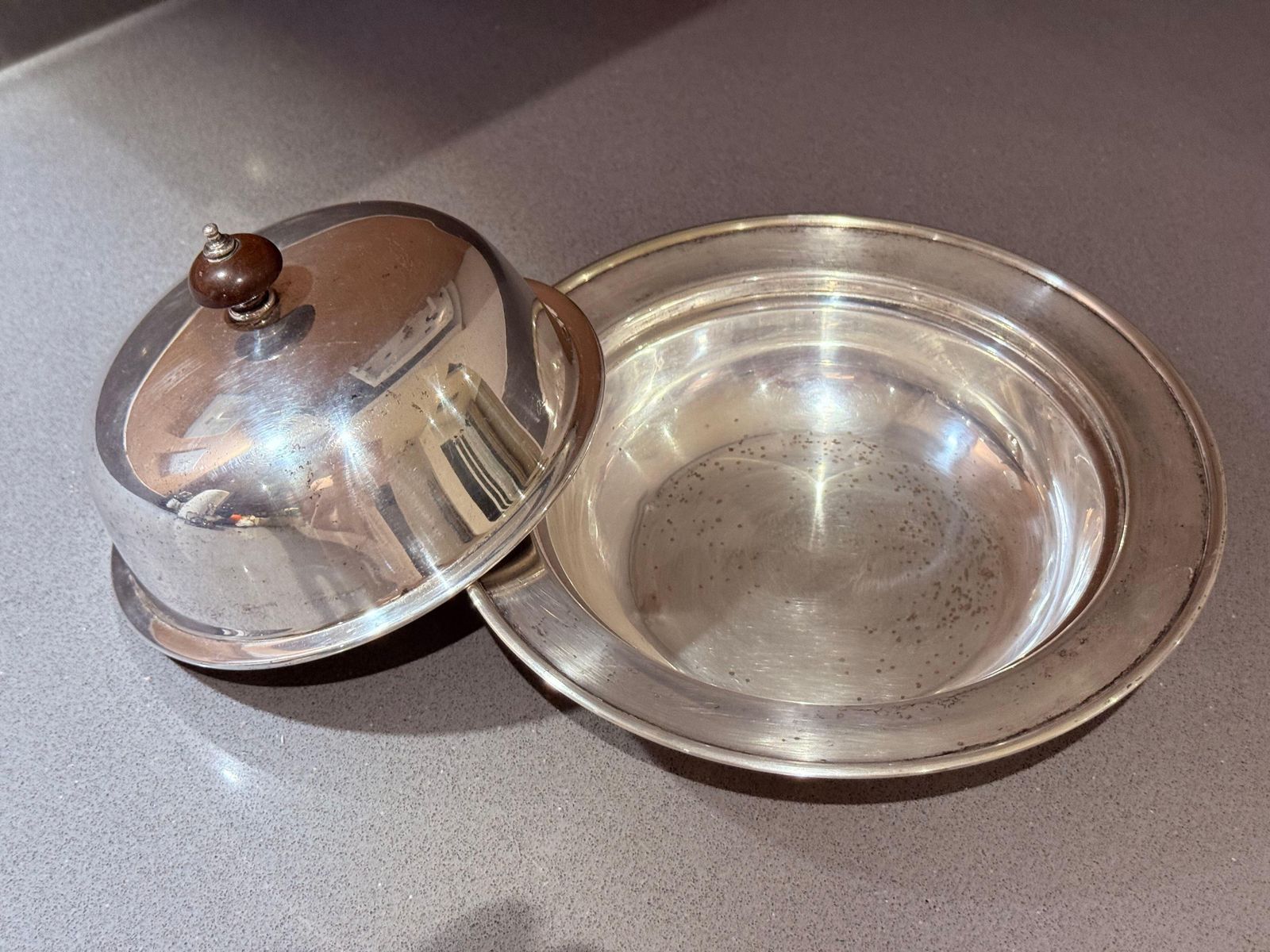 Antique Silver Plated Butter Dish With Wooden Knob, Caviar Dish Tableware Home photo vintage