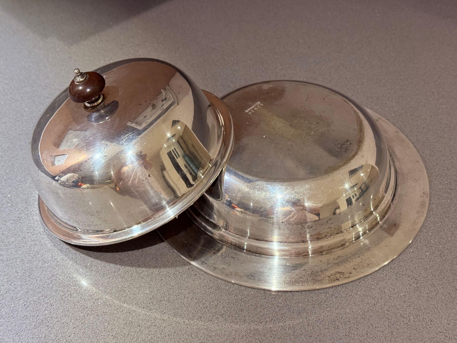 photo for sale Antique Silver Plated Butter Dish With Wooden Knob, Caviar Dish Tableware Home