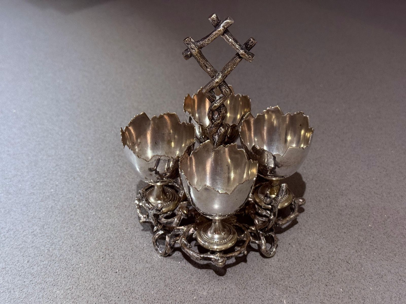 Antique Silverplated Egg Cup Stand Four Small Egg Holders Ornate Victorian Style photo furniture