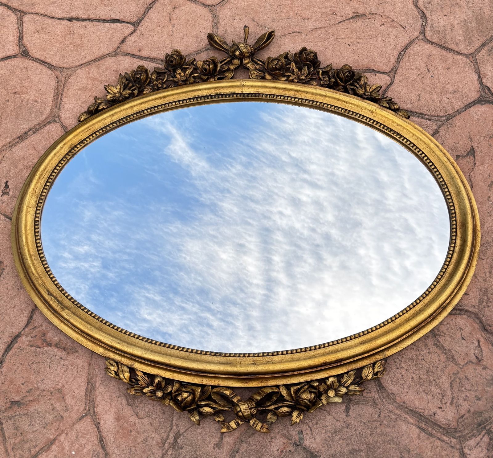Oval Wall Mirror With Gold Frame And Floral Decoration In Louis XVI Style, Circa 1940 photo for sale