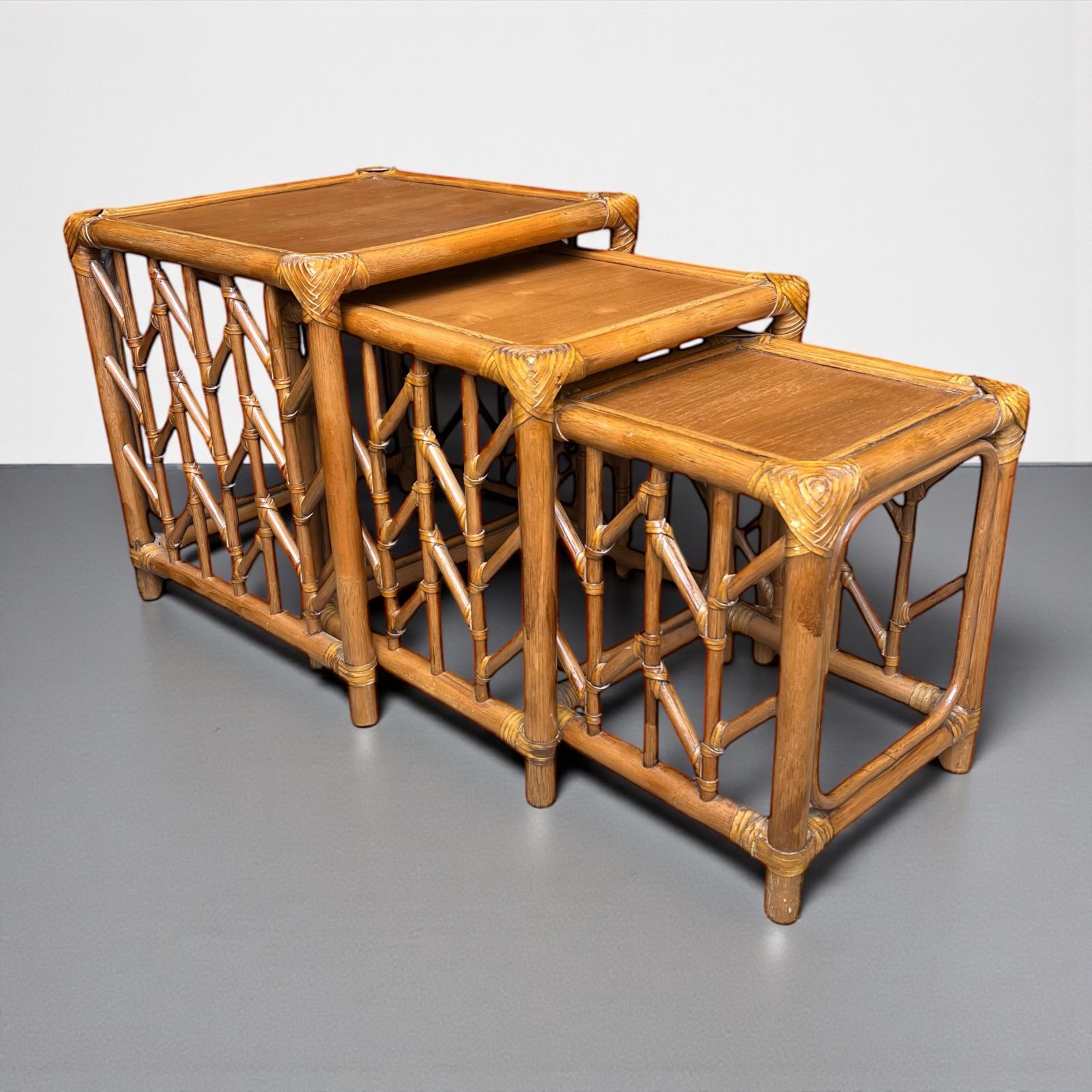 Mid Century Rattan And Bamboo Nest Of Tables