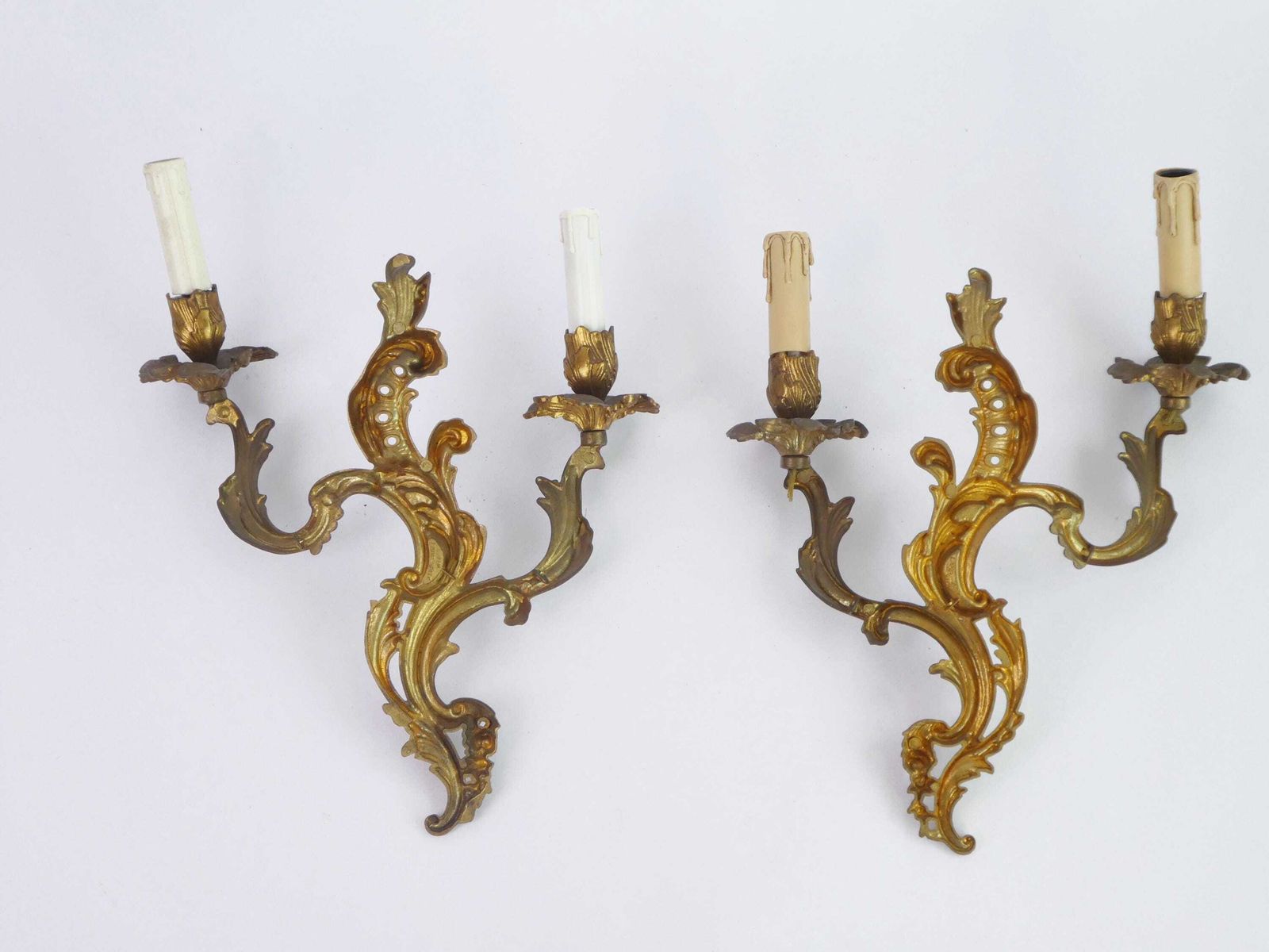 photo for sale Antique French Pair Of Wall Lamps, Large Rococo Brass Wall Sconces, Pair Of Golden Appliqués