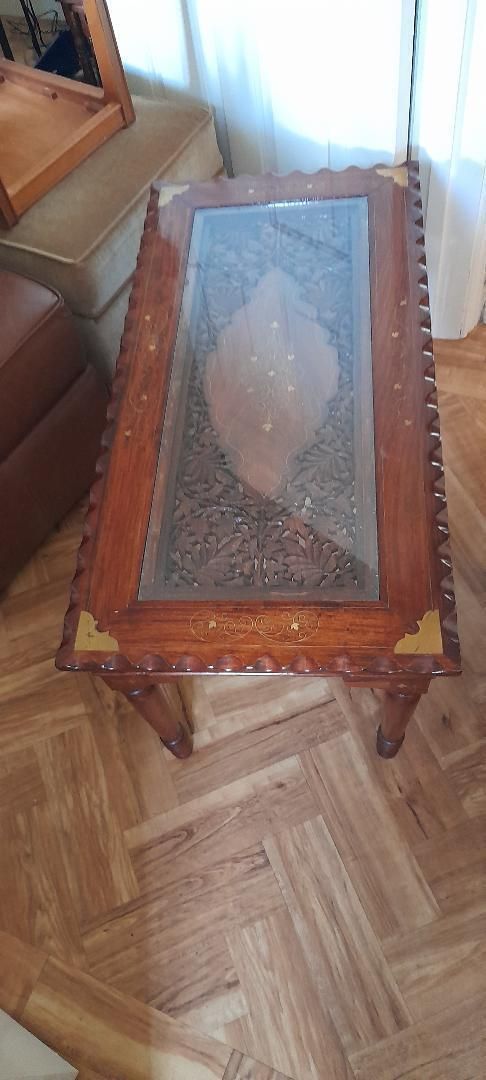 Long John Coffee + 2 Side Tables Nest Carved Indian Inlaid Cherrywood Glass photo Furniture