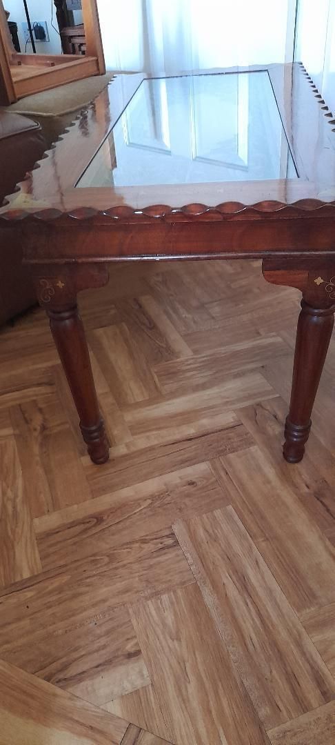 Long John Coffee + 2 Side Tables Nest Carved Indian Inlaid Cherrywood Glass photo buy