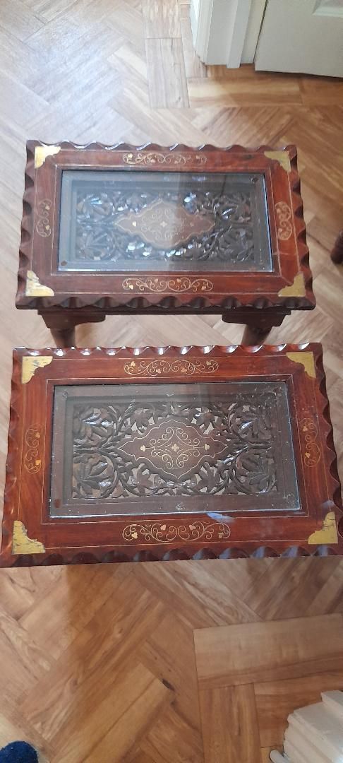 photo for sale Long John Coffee + 2 Side Tables Nest Carved Indian Inlaid Cherrywood Glass