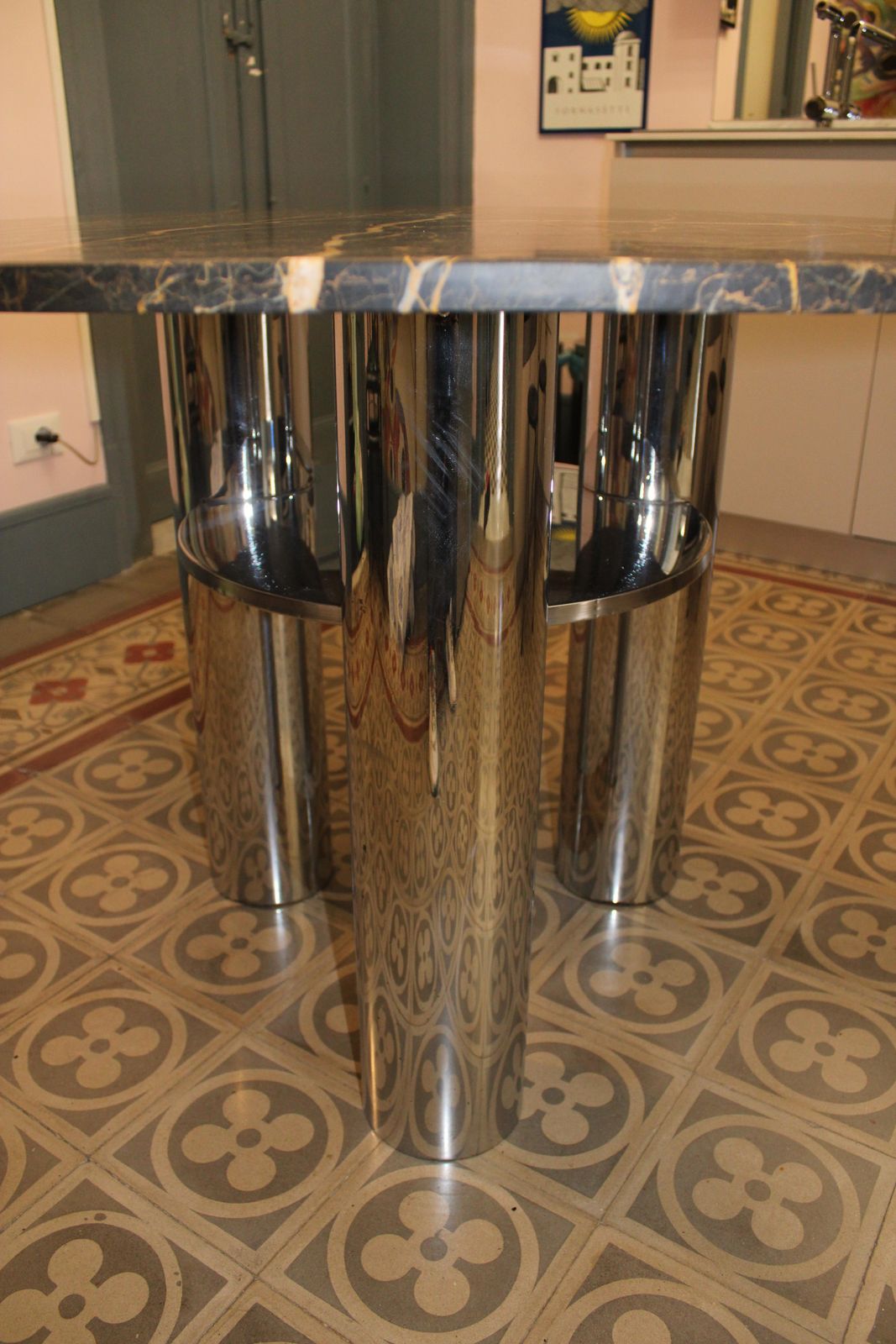 Dining Table With Steel Leg And Portoro Marble Top, 1970s Italy photo vintage