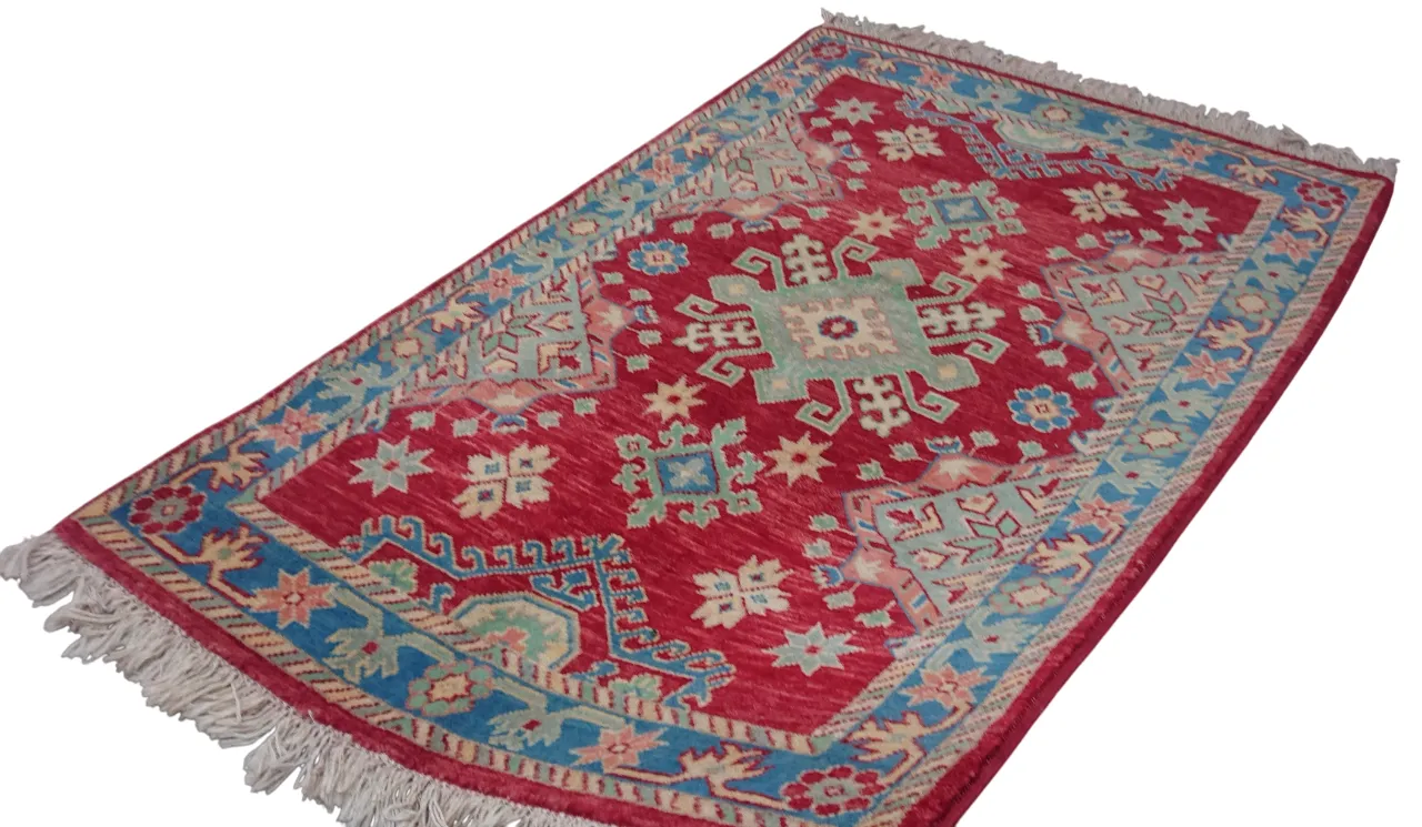 3x5 Kazak Caucasian Red And Blue Living Room Bedroom Rug photo vintage