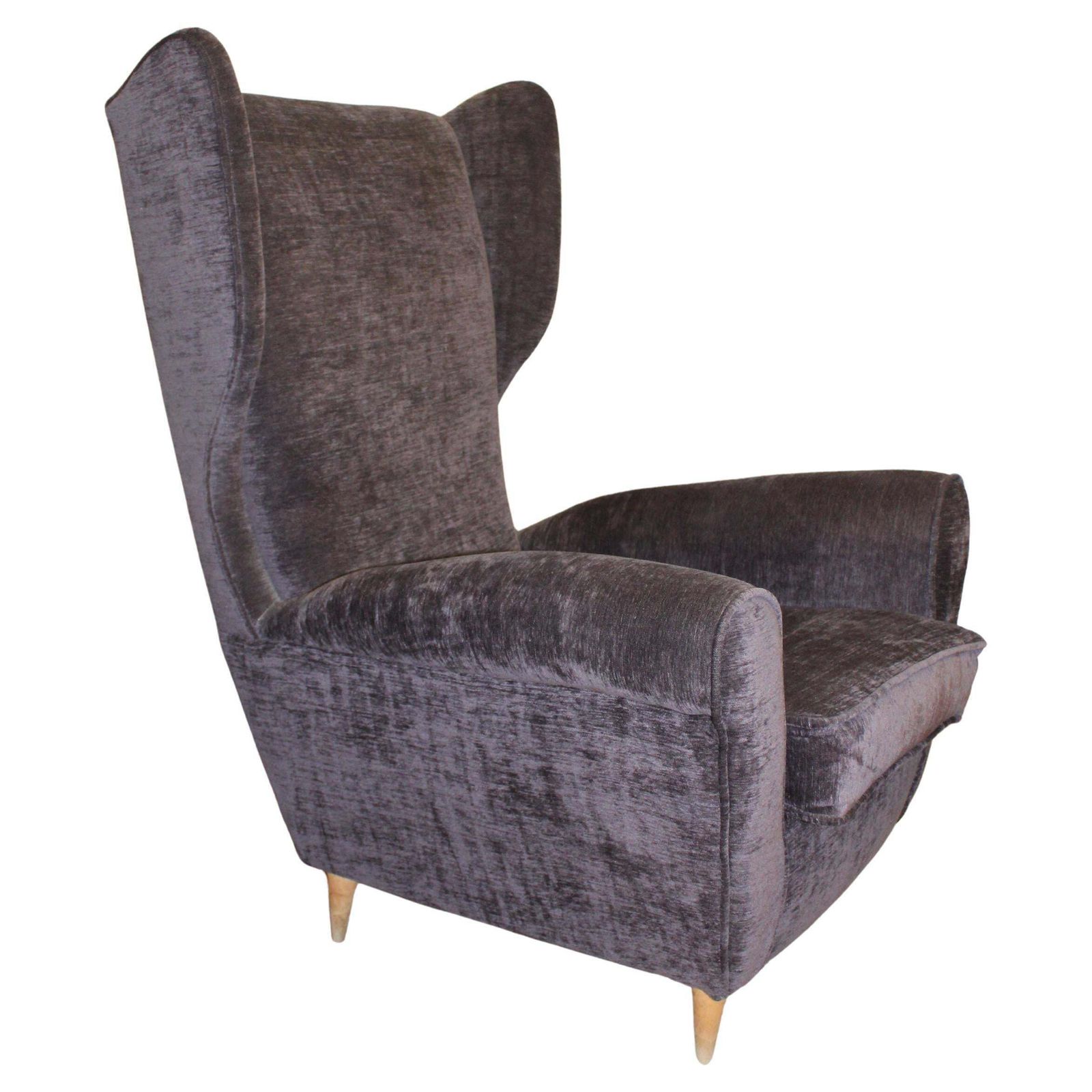 Italian Wingback Armchair By Paolo Buffa, 1950, Grey Velvet, Wooden Legs.