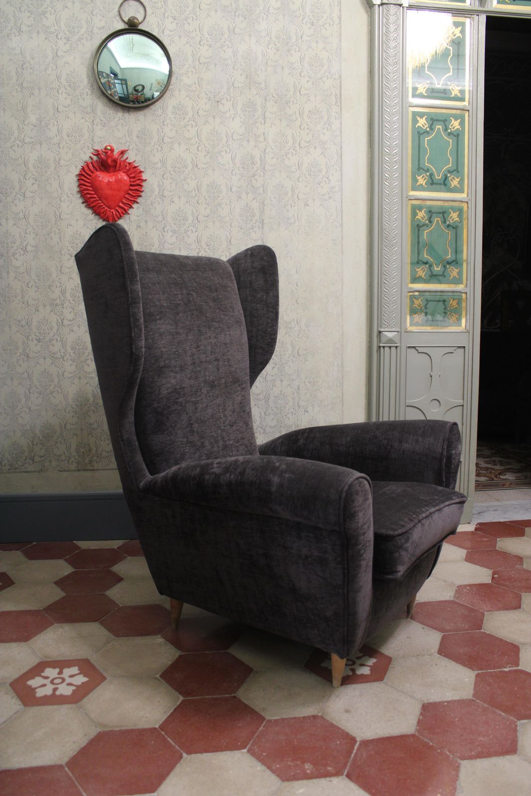 Italian Wingback Armchair By Paolo Buffa, 1950, Grey Velvet, Wooden Legs. photo furniture
