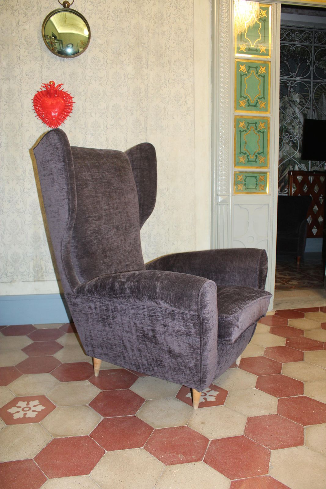 Italian Wingback Armchair By Paolo Buffa, 1950, Grey Velvet, Wooden Legs. photo for sale