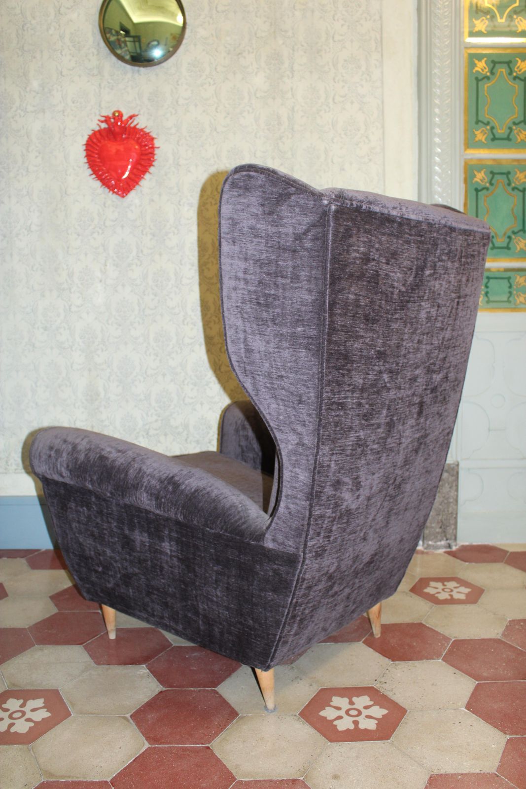 Italian Wingback Armchair By Paolo Buffa, 1950, Grey Velvet, Wooden Legs. photo vintage
