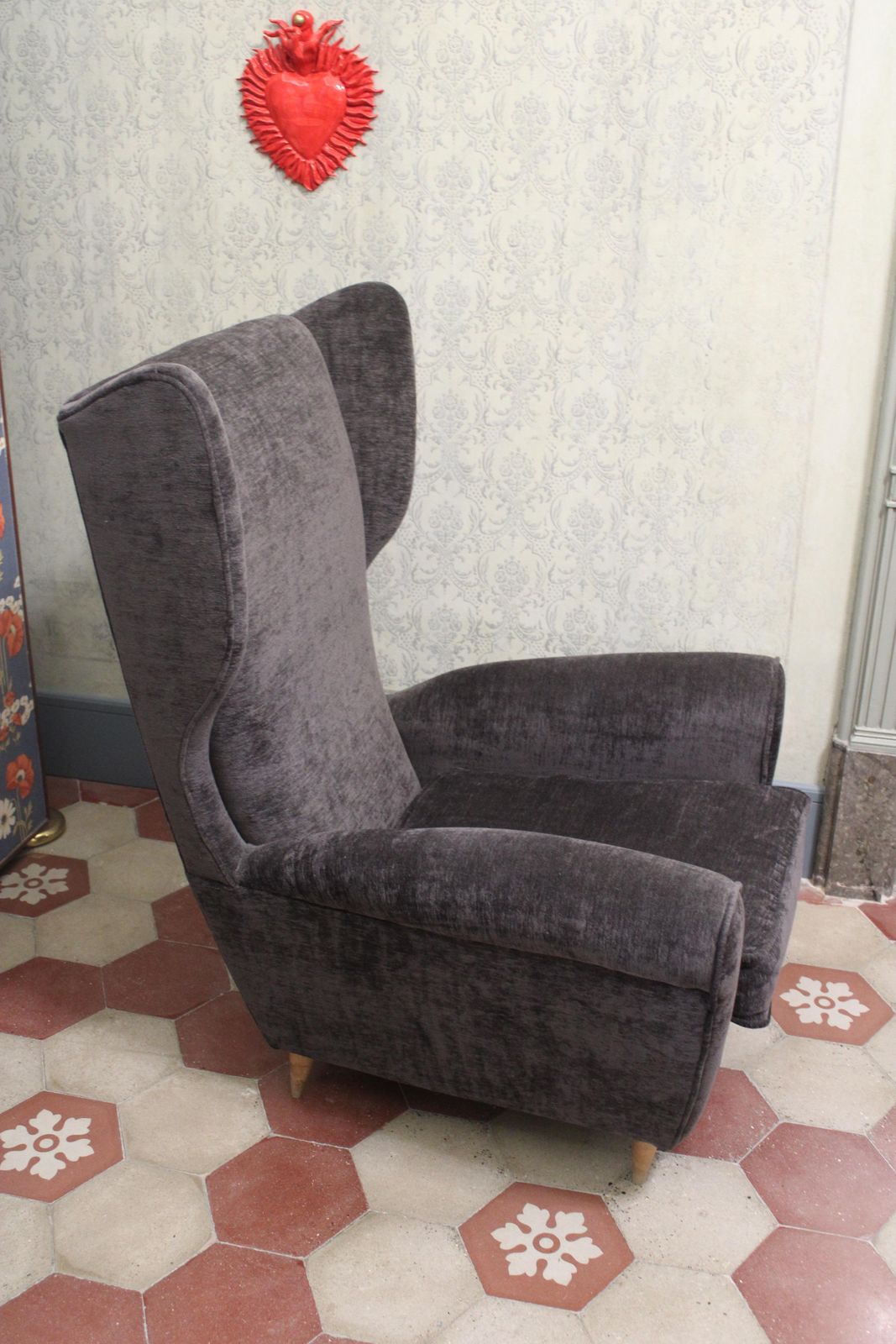 Furniture Italian Wingback Armchair By Paolo Buffa, 1950, Grey Velvet, Wooden Legs. photo
