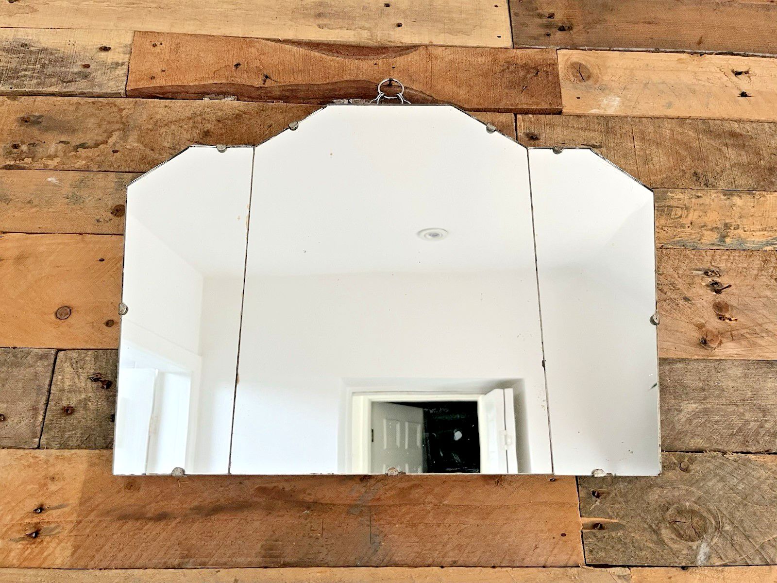 250.0 Original 3 Piece 1920's Art Deco Period Fanned Skyscraper Shaped Wall Mirror 30s photo