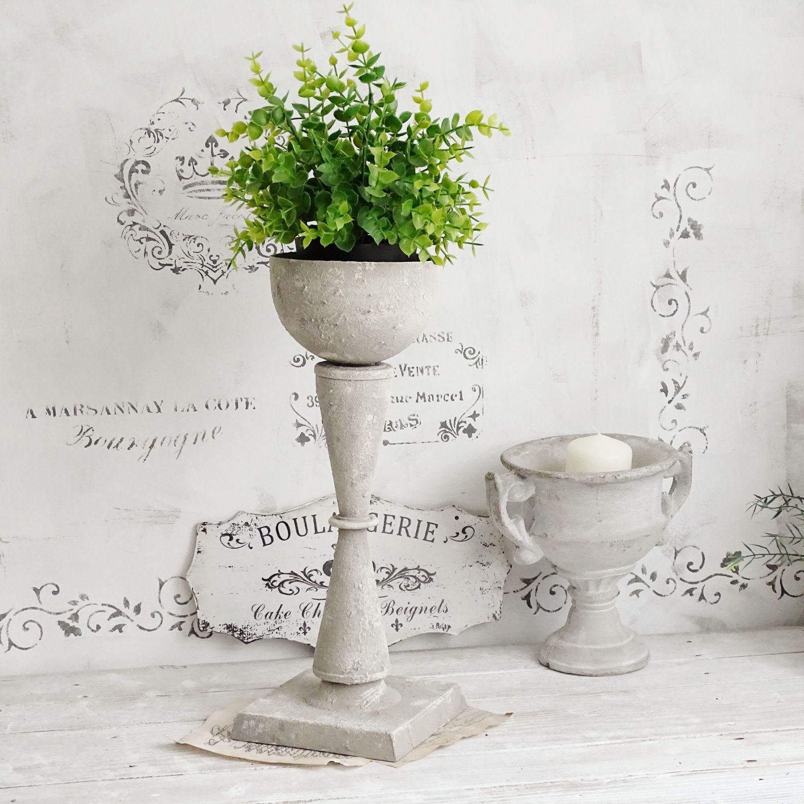 Tall Metal Urn Vase Stone Effect, Gray Distressed Trophy Cup, Shabby Chic Planter, Pedestal Plant Pot photo for sale