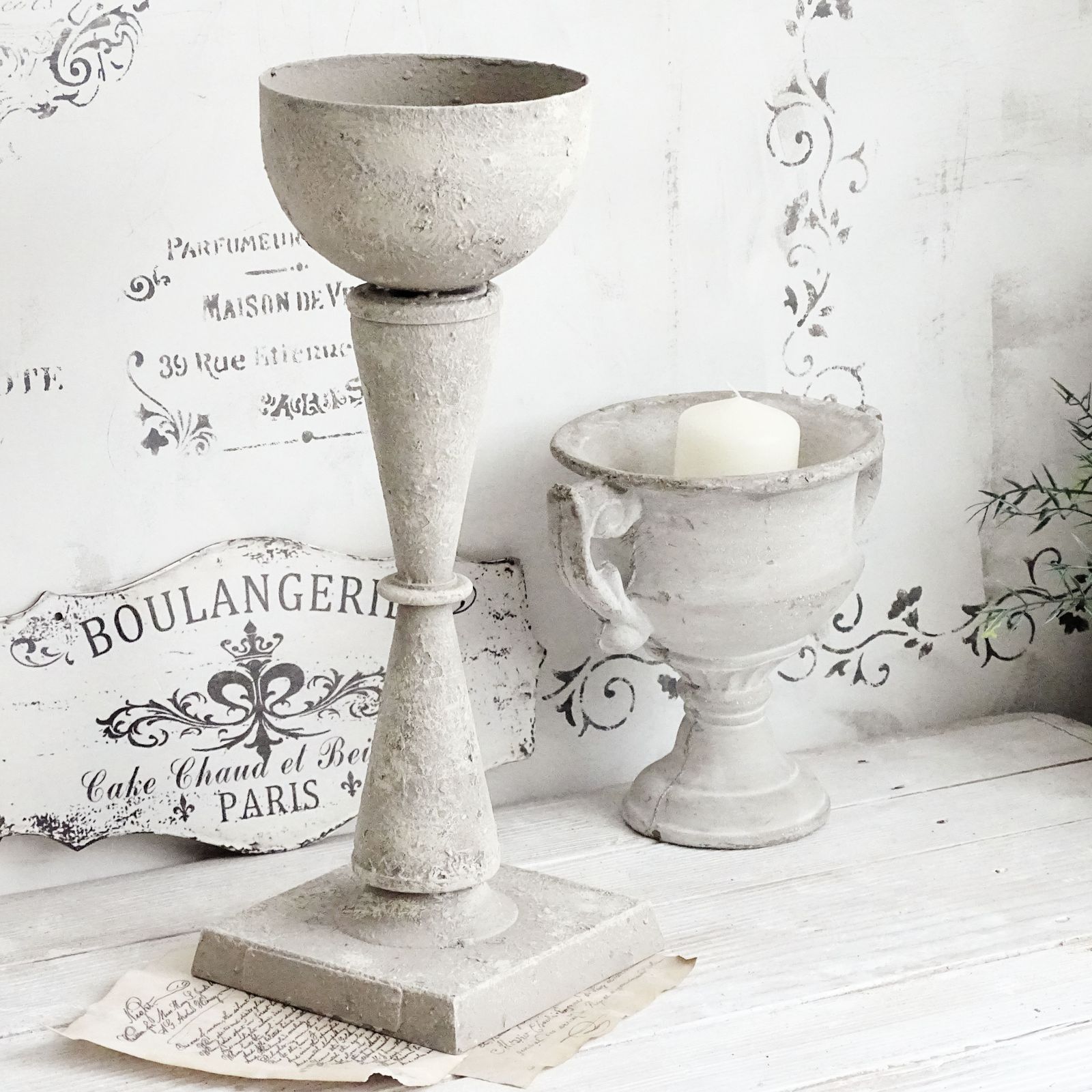 Tall Metal Urn Vase Stone Effect, Gray Distressed Trophy Cup, Shabby Chic Planter, Pedestal Plant Pot photo buy
