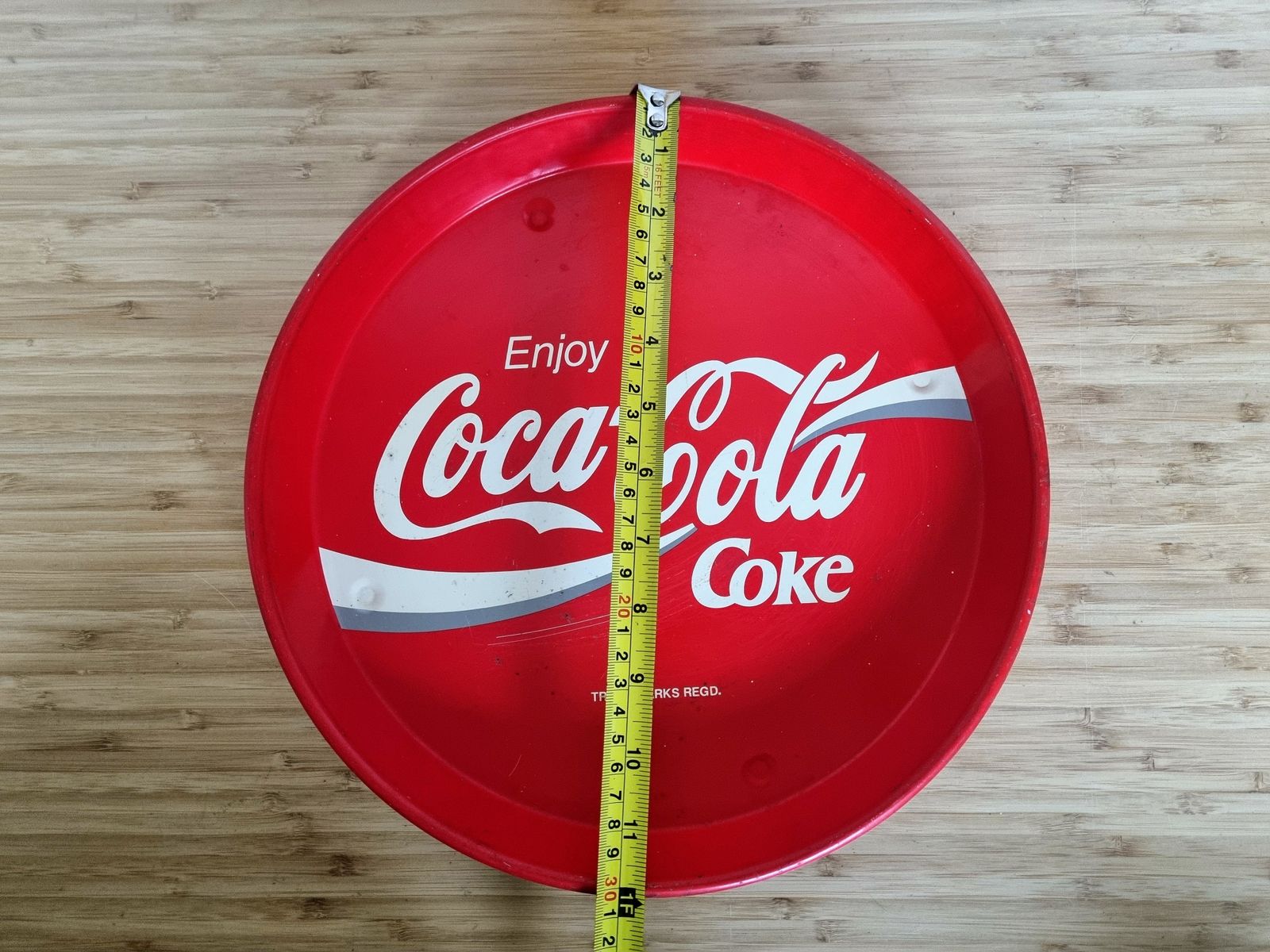 photo buy Vintage Drinks Bar Tray, Coca Cola Red Round Metal, “Enjoy Coca Cola Coke” Logo, 1990s Advertising