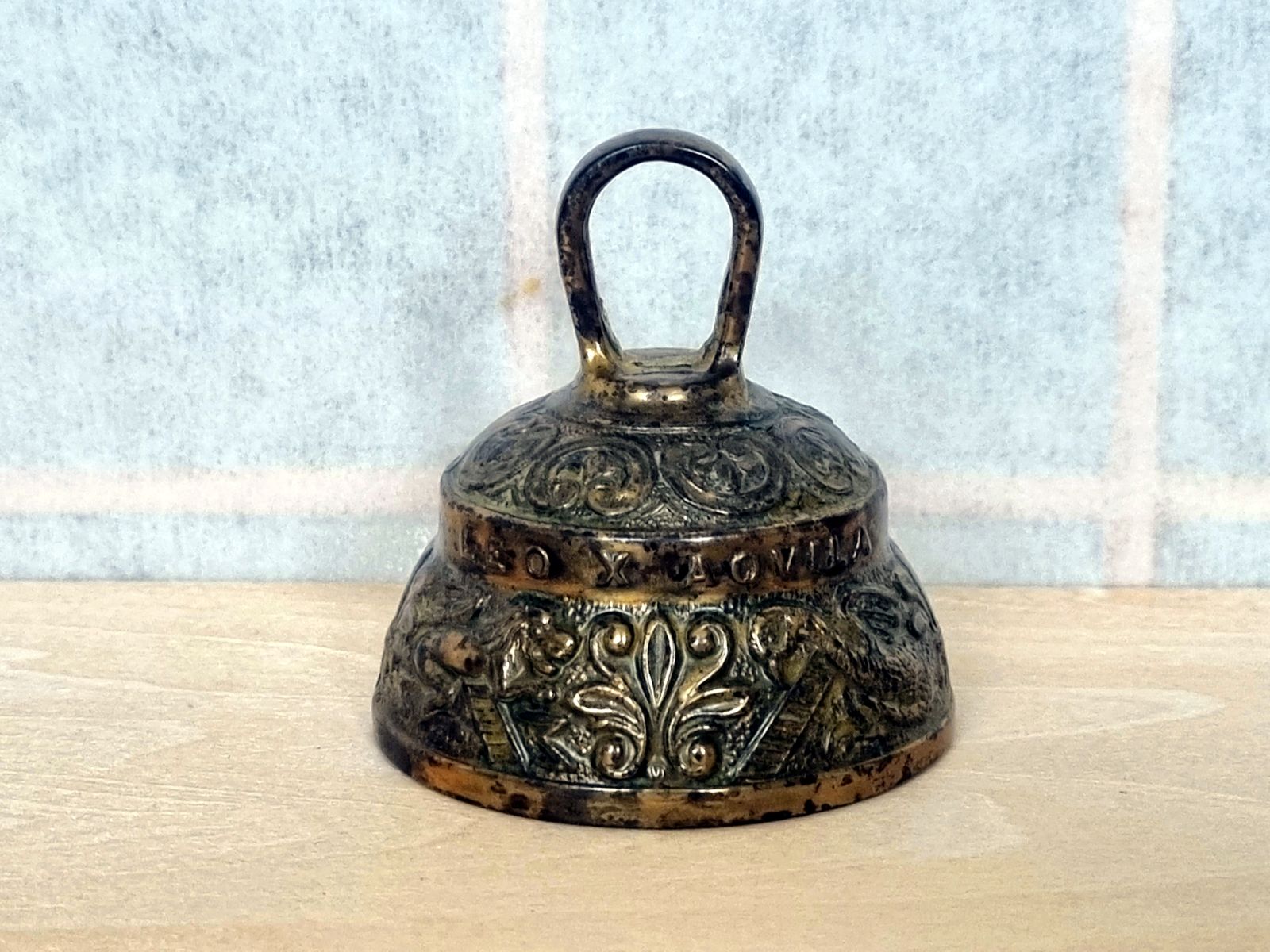 Antique Brass Church Bell, Sanctuary Altar Hand Bell, Latin Motto Relief, 1930s, Tarnished Patina