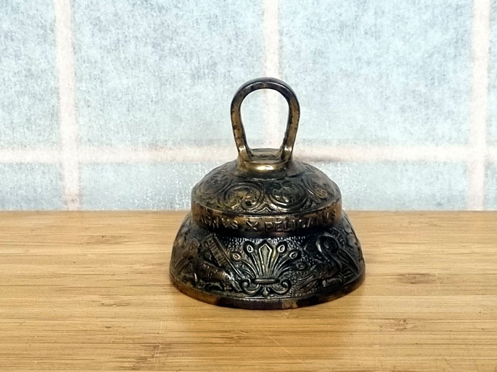 Antique Brass Church Bell, Sanctuary Altar Hand Bell, Latin Motto Relief, 1930s, Tarnished Patina photo furniture