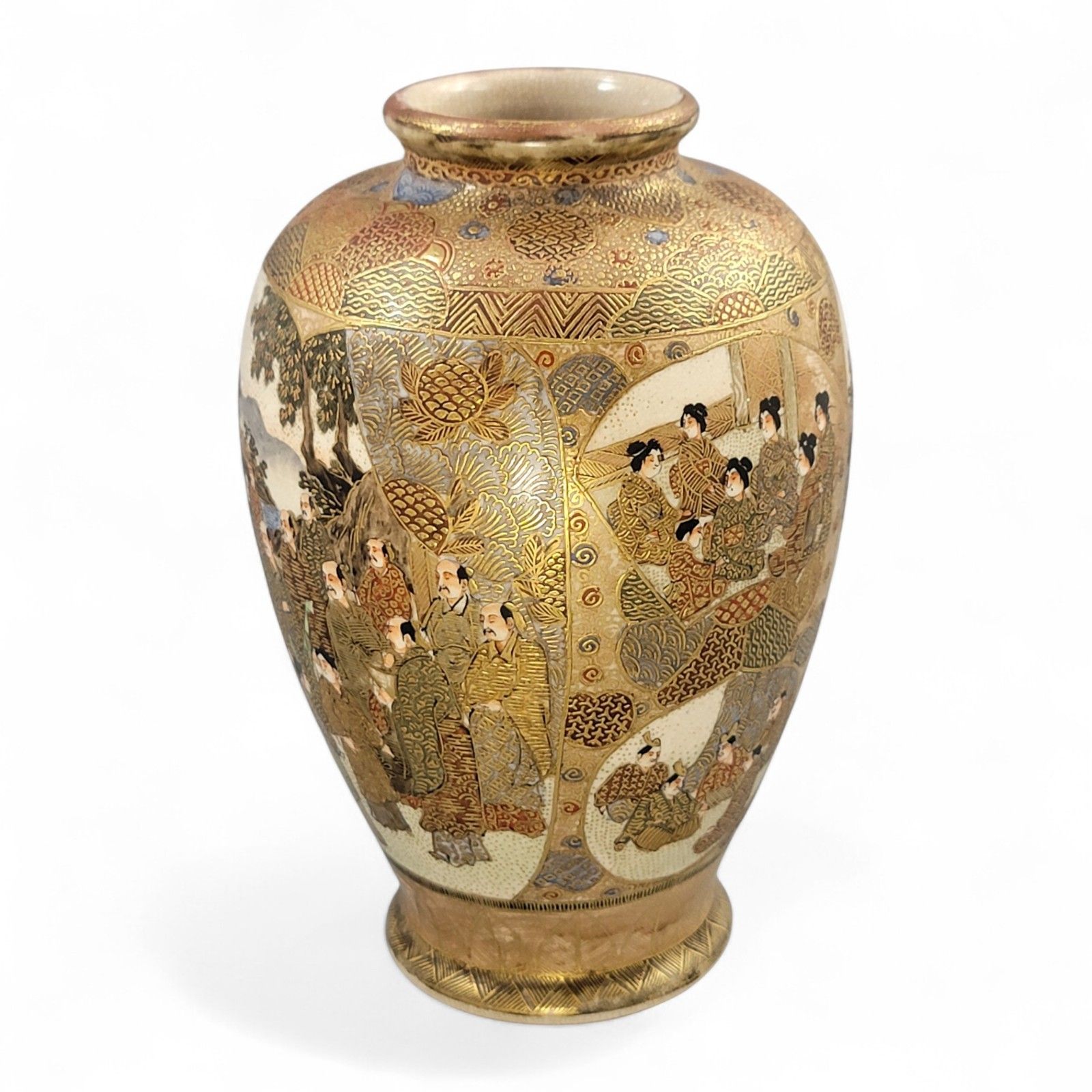 Antique Japanese Satsuma Vase With Gilt Moriage Court Figures By Gyokuzan, Meiji Era photo for sale