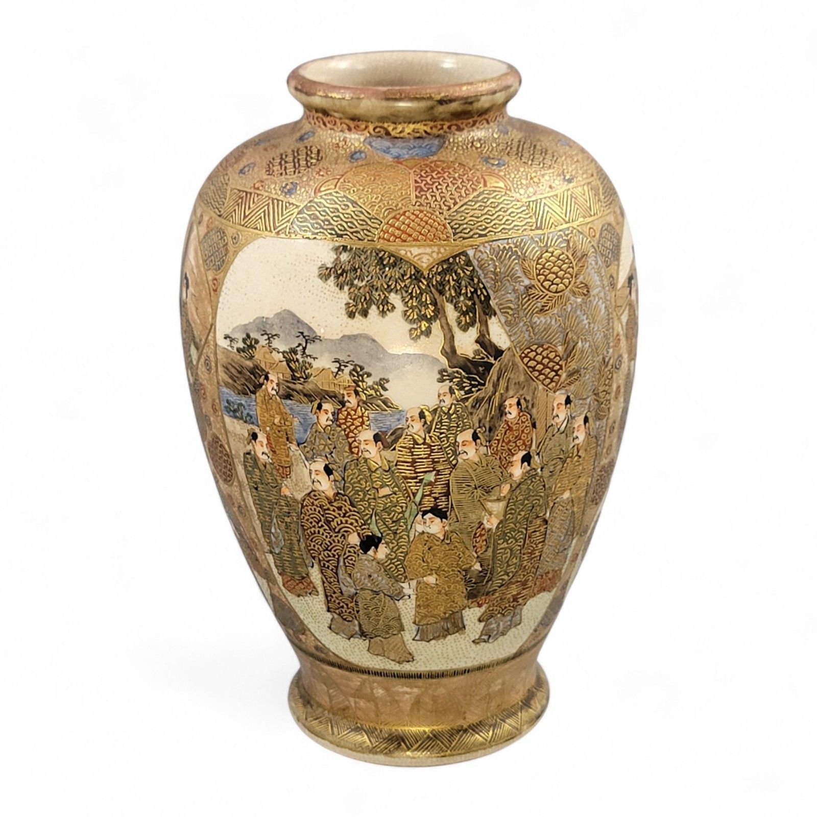 Antique Japanese Satsuma Vase With Gilt Moriage Court Figures By Gyokuzan, Meiji Era photo buy