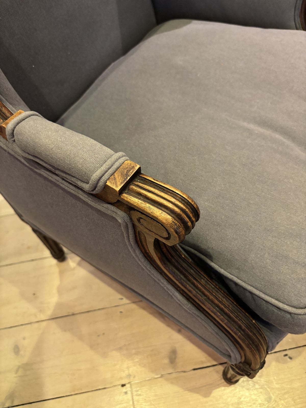[ ] Gray Chair  19th Century High Backed Winged Bergere /Armchair; With Carved Wooden Frame, photo furniture