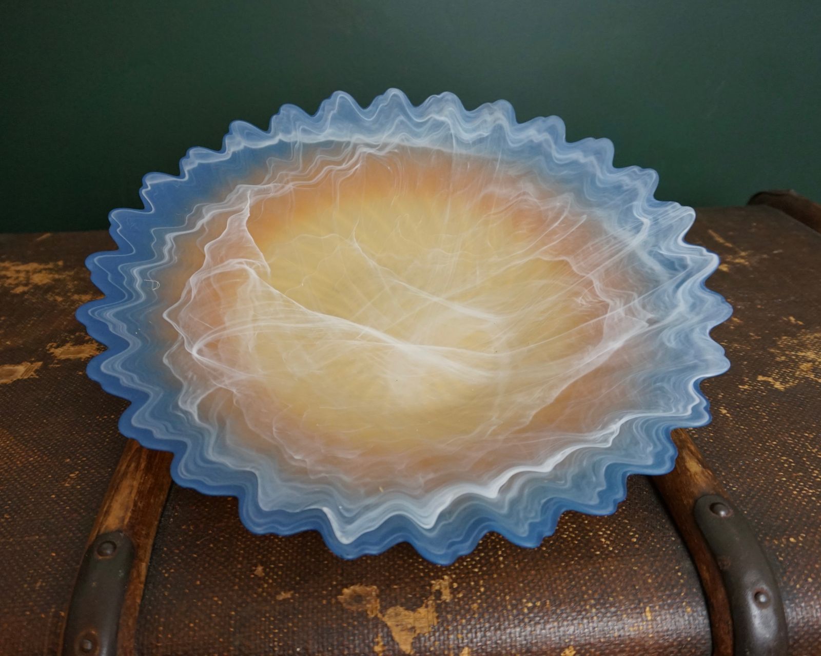 Large Art Glass Bowl, In Blue, Yellow And Orange