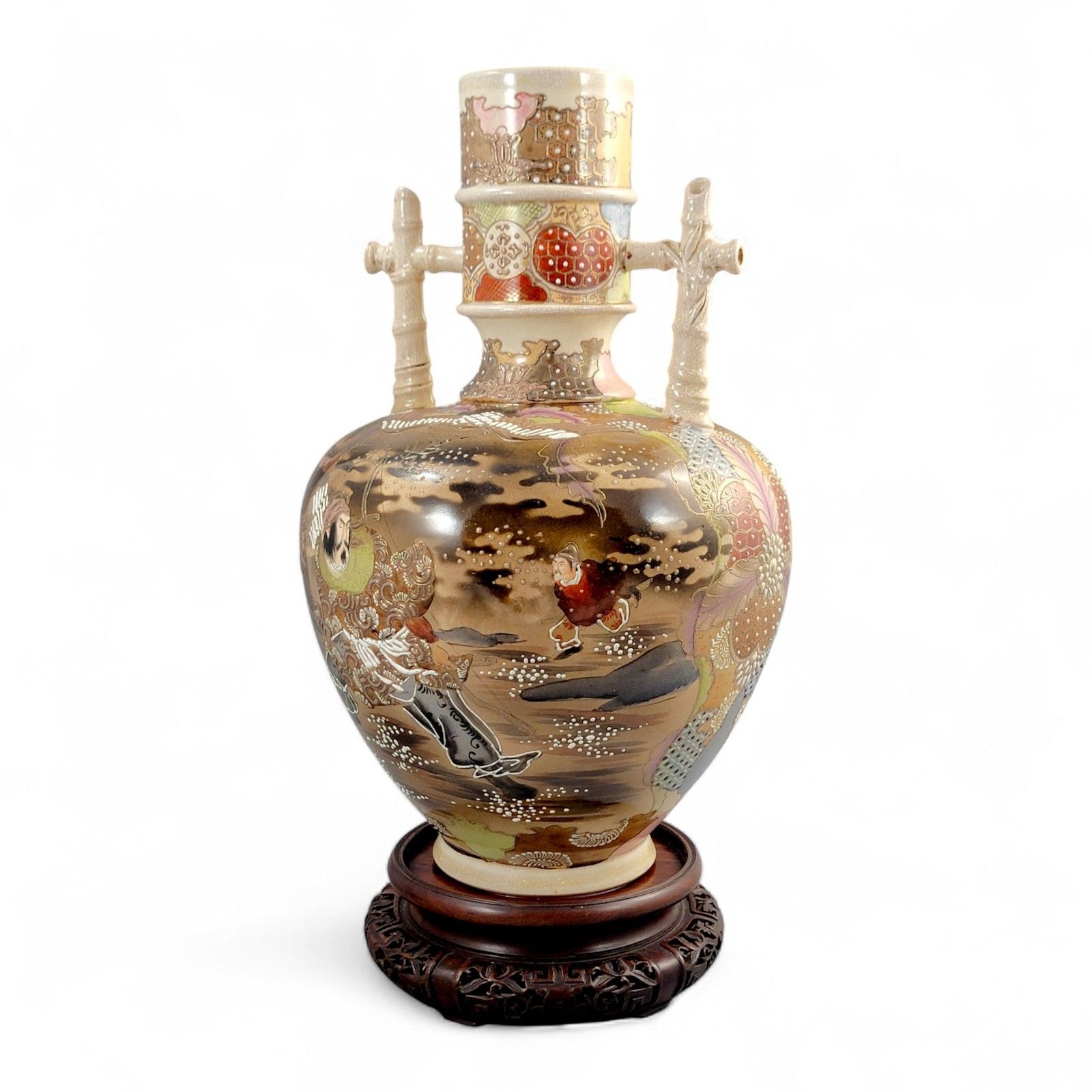 Large Satsuma Samurai Vase By Kinkozan, Rare Bamboo Handle Form, Meiji Japan C. 1875, 38 Cm photo vinterior