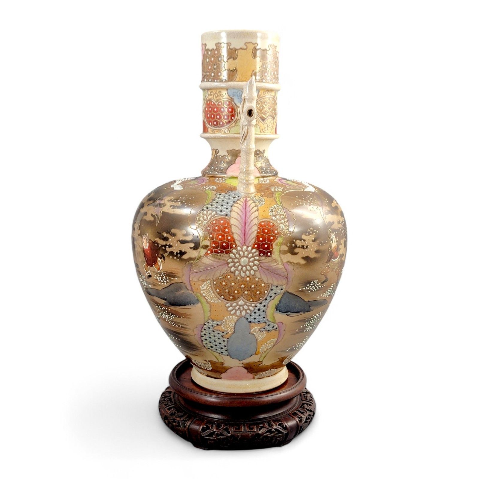 Large Satsuma Samurai Vase By Kinkozan, Rare Bamboo Handle Form, Meiji Japan C. 1875, 38 Cm photo buy