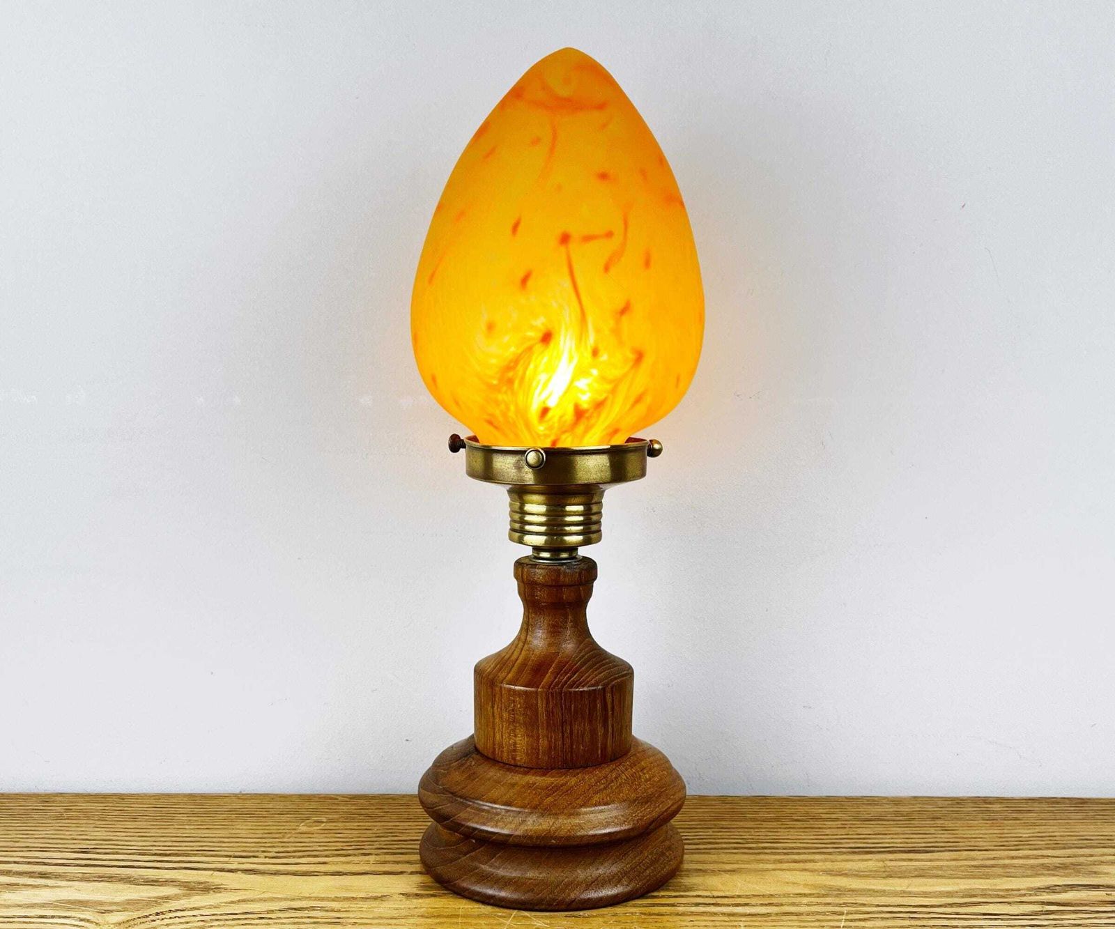 Art Nouveau Wooden Lamp With Orange Glass Teardrop Shade.
