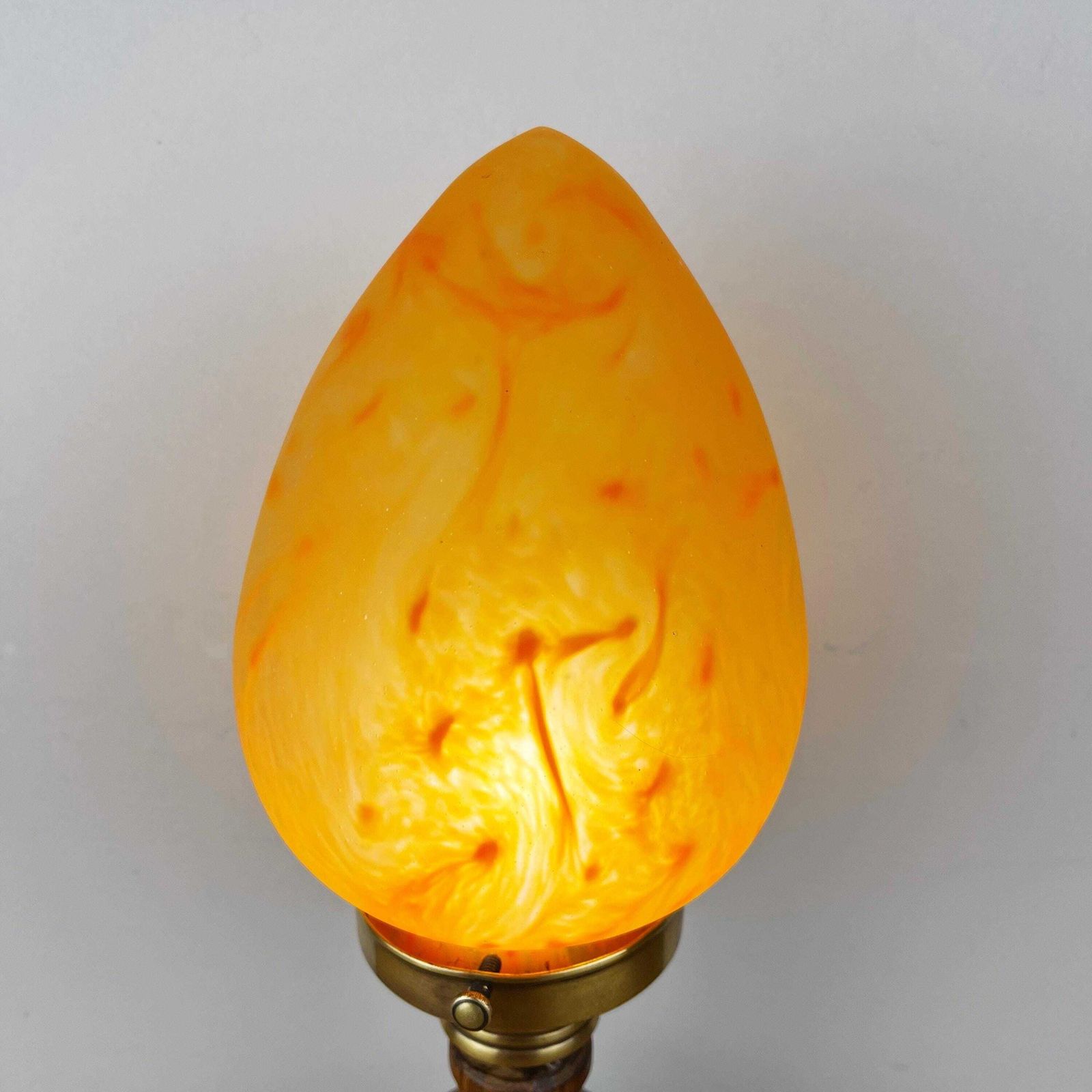 Art Nouveau Wooden Lamp With Orange Glass Teardrop Shade. photo 145.0
