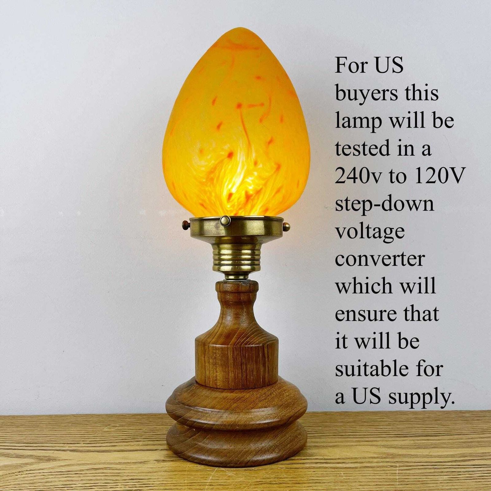 Art Nouveau Wooden Lamp With Orange Glass Teardrop Shade. photo vinterior