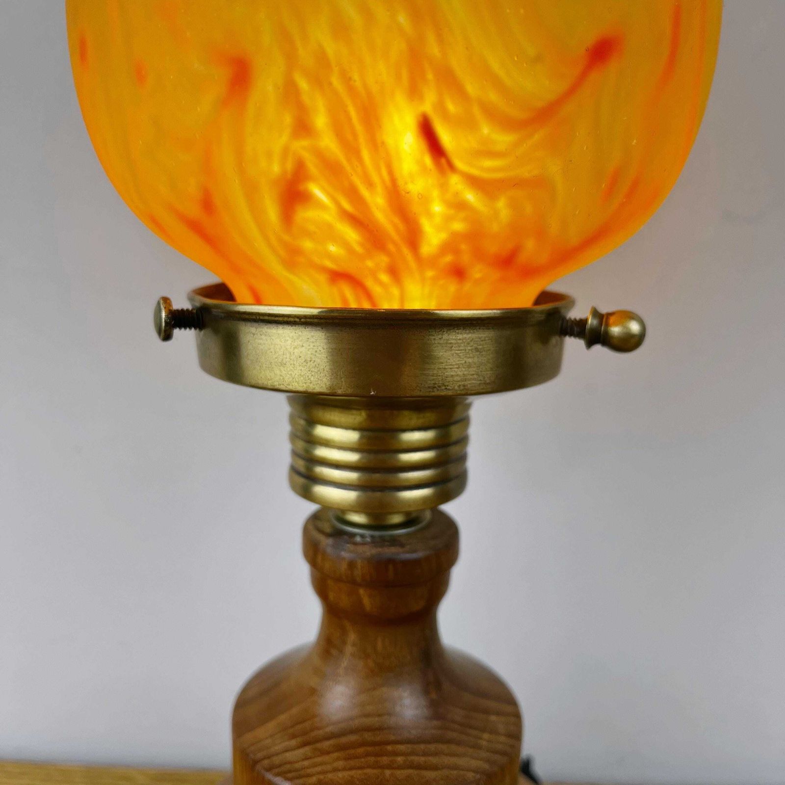 Art Nouveau Wooden Lamp With Orange Glass Teardrop Shade. photo buy