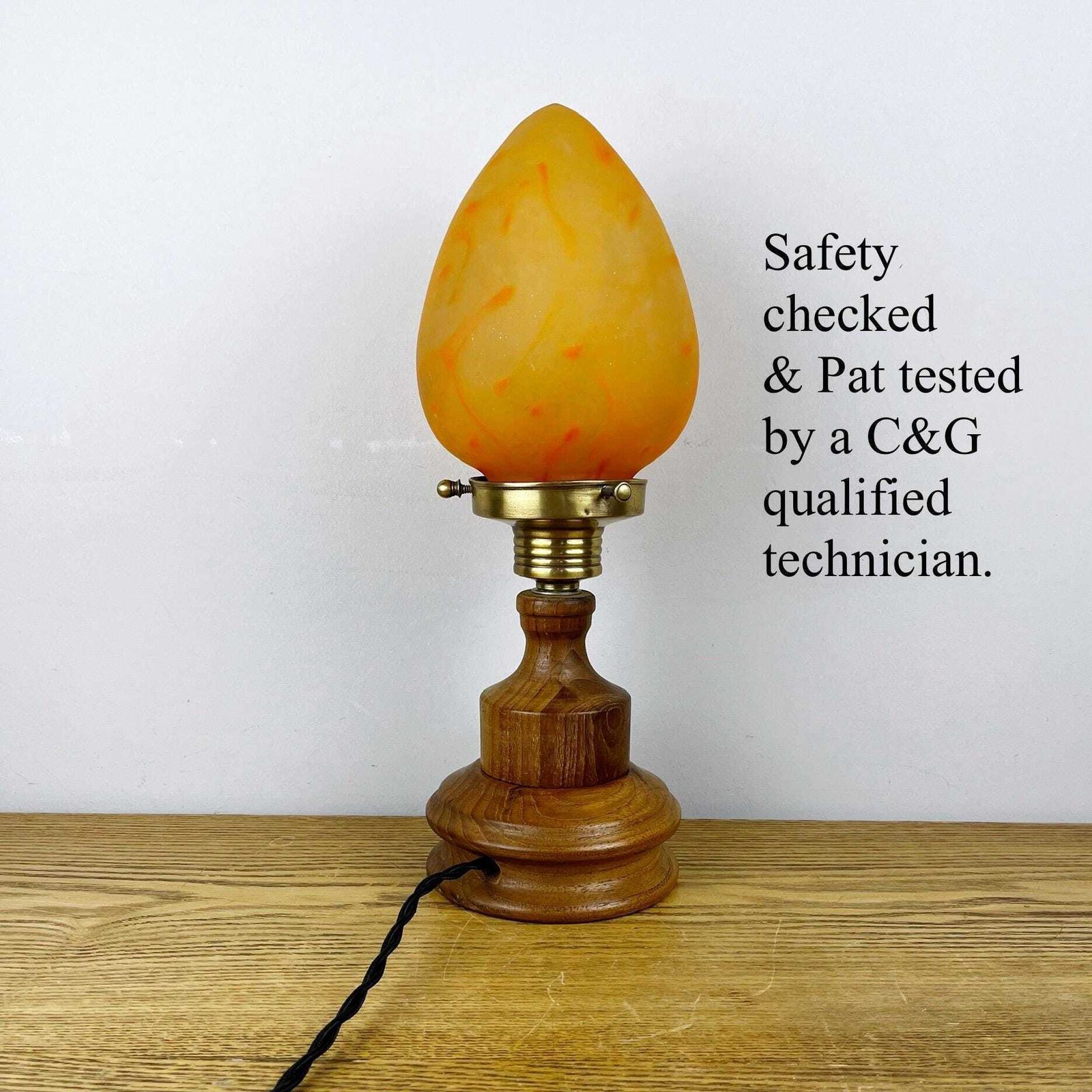 photo furniture Art Nouveau Wooden Lamp With Orange Glass Teardrop Shade.