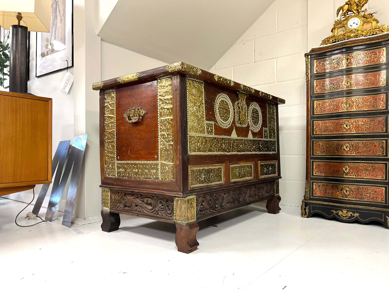 A Large 19th Century Teak And Brass Inlaid Zanzibar Chest On Stand