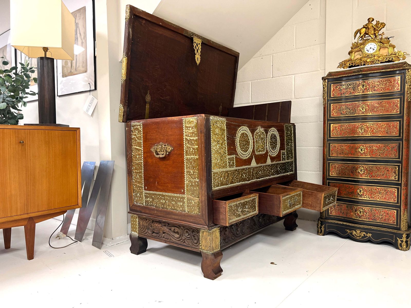 A Large 19th Century Teak And Brass Inlaid Zanzibar Chest On Stand photo furniture
