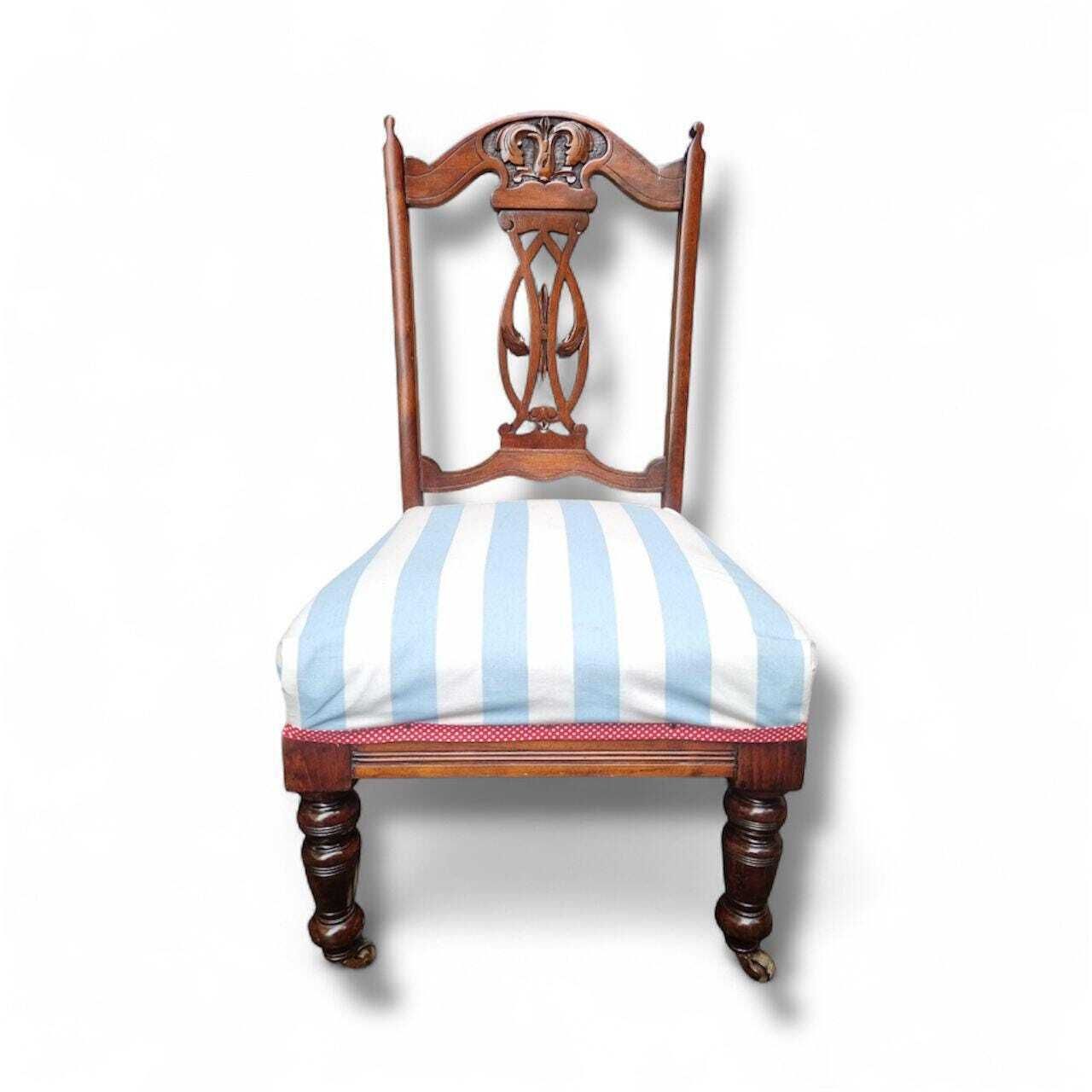 Antique Edwardian Mahogany Chair / Reupholstered In Coastal Stripe Fabric / C.1900–1910 / Free Delivery photo for sale