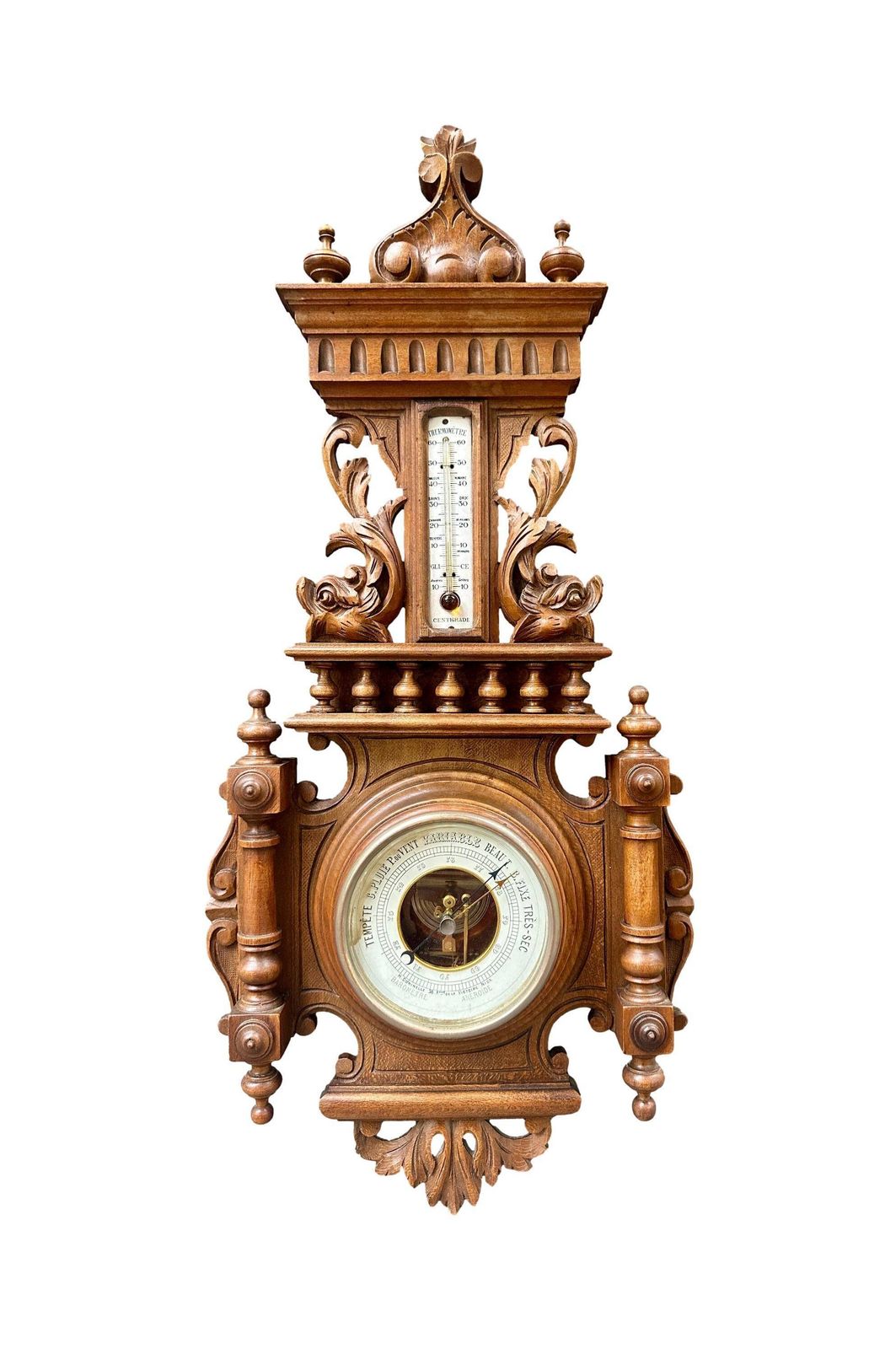 French 1900 Belle époque Carved Wood Barometer Thermometer, H. Doninelli Nice, Antique Wall Weather Station, French Home Decor