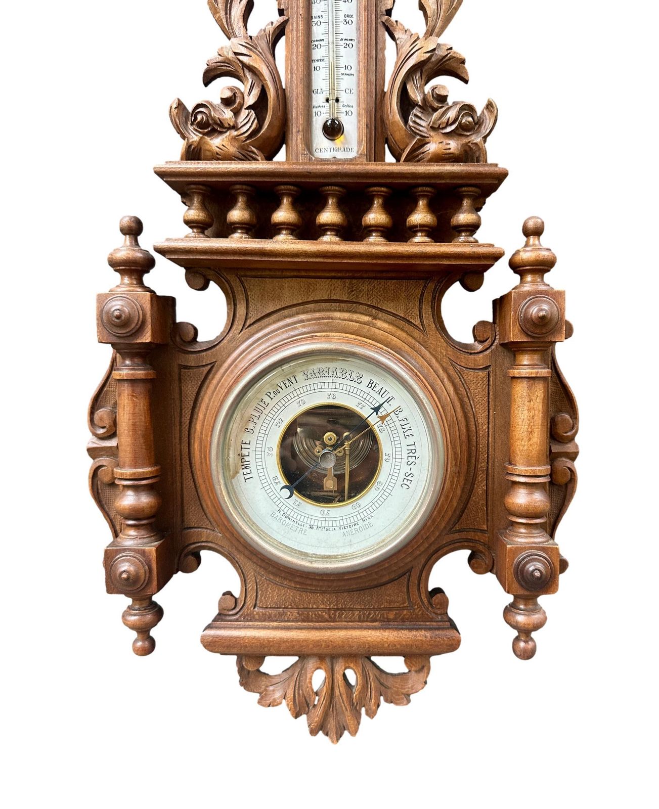 French 1900 Belle époque Carved Wood Barometer Thermometer, H. Doninelli Nice, Antique Wall Weather Station, French Home Decor photo furniture
