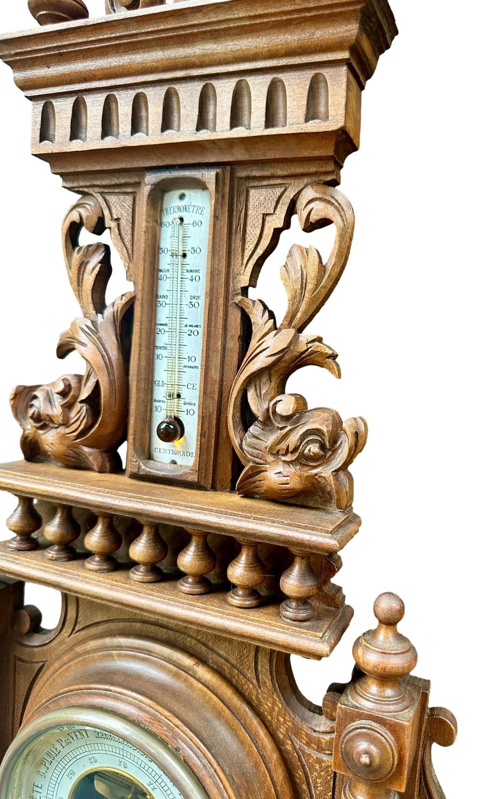 photo furniture French 1900 Belle époque Carved Wood Barometer Thermometer, H. Doninelli Nice, Antique Wall Weather Station, French Home Decor