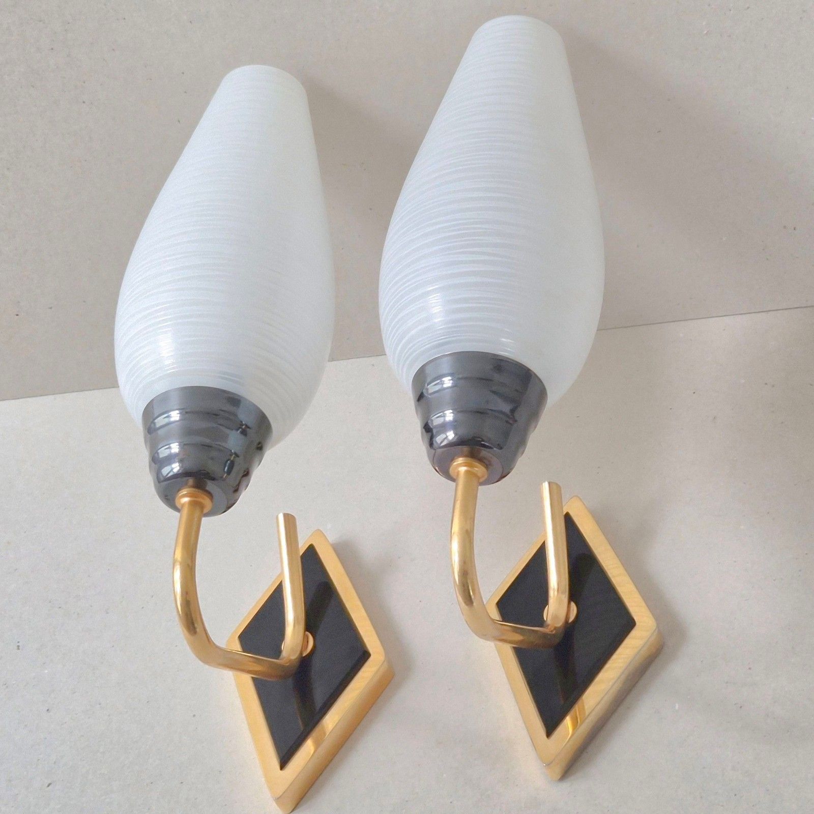 Pair Of Vintage 1950s Glass & Brass Gold Sconces 50s 1950s 50s