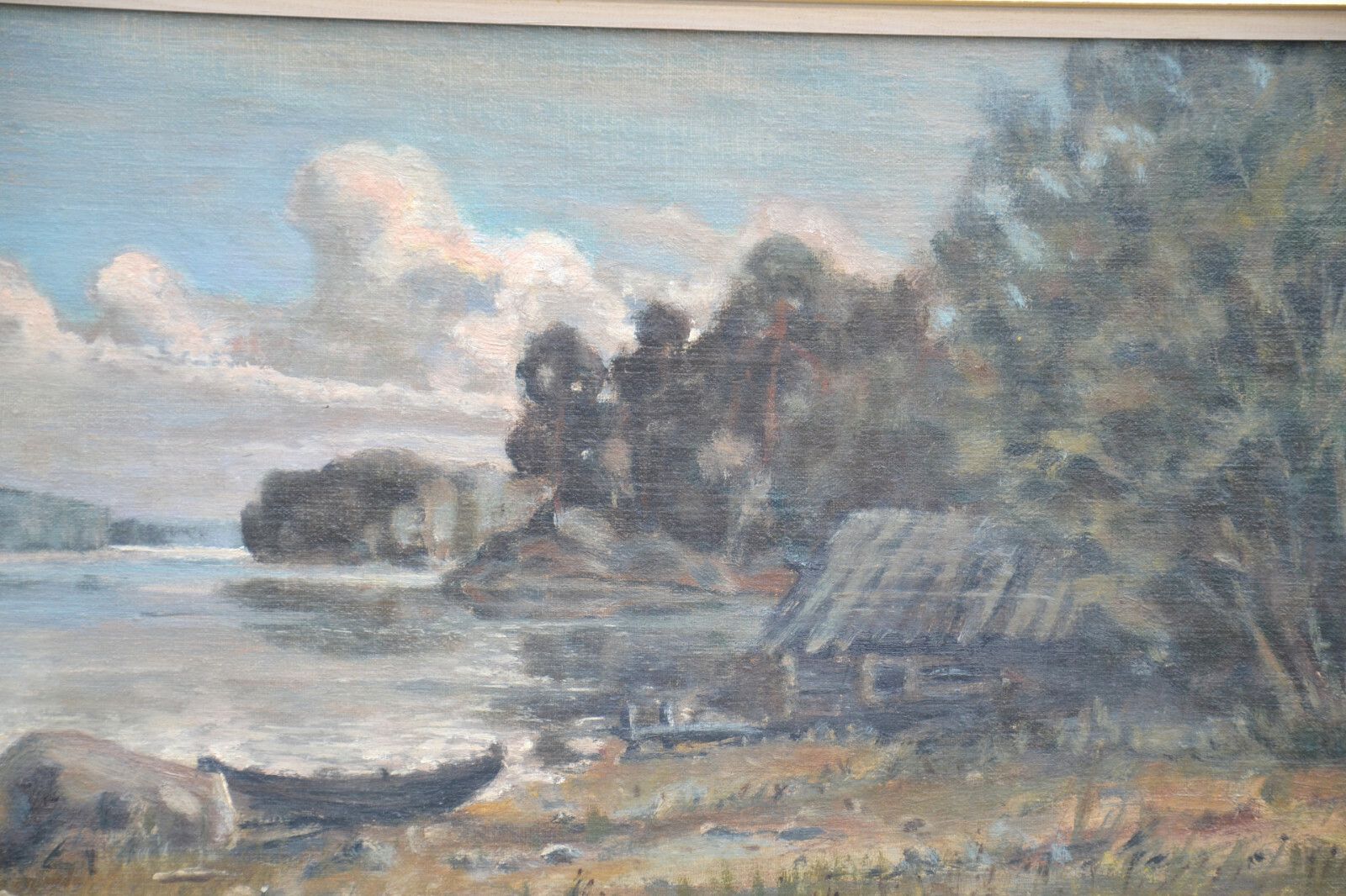 Vintage Old School Lake Landscape Painting By Esko Turunen 1986 Oil On Board photo for sale