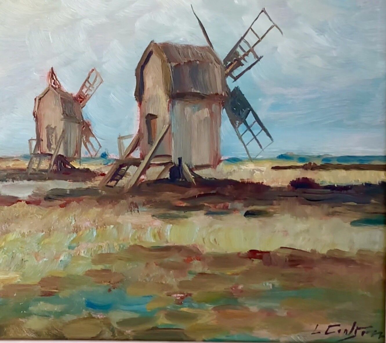 Vintage Windmill Oil Painting, Signed L. Carlson 1960s photo Art