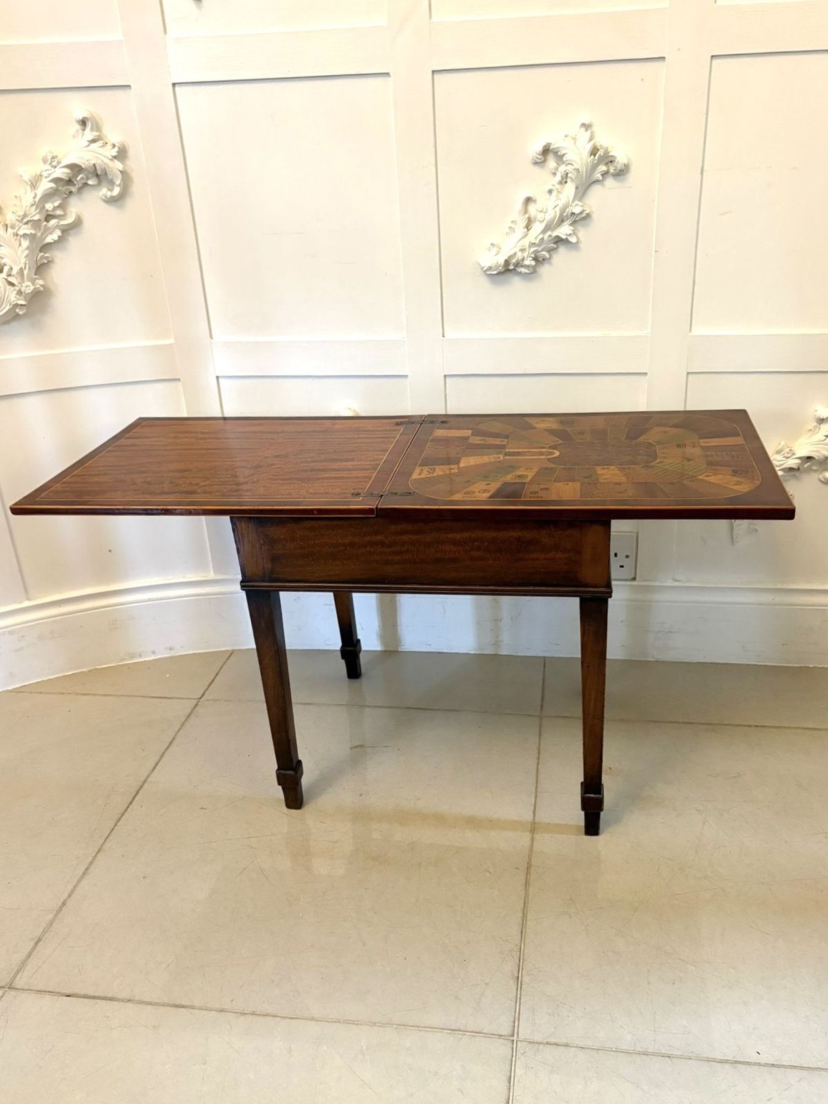Antique Early 20th Century Inlaid Folding Game Table Featuring “The Royal And Pleasant Game Of Goose” photo vinterior