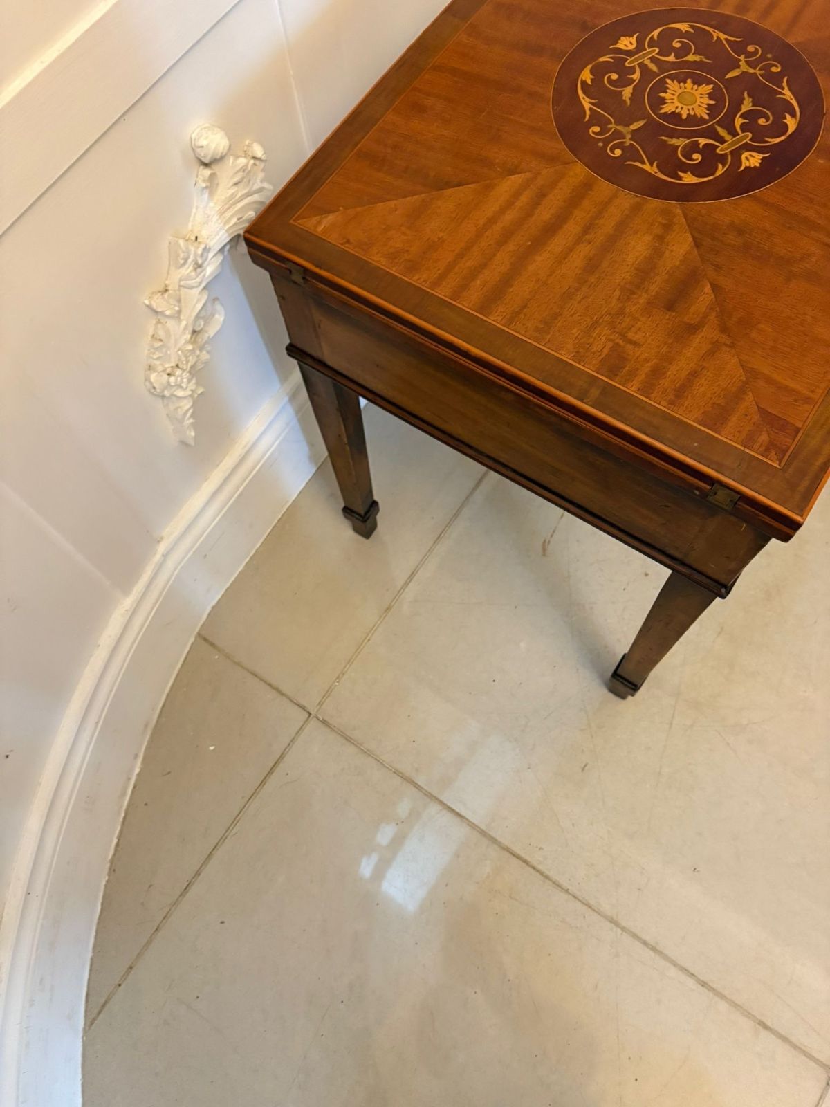 Furniture Antique Early 20th Century Inlaid Folding Game Table Featuring “The Royal And Pleasant Game Of Goose” photo