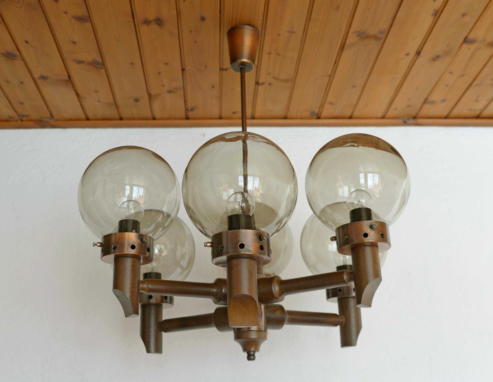 Large Vintage Chandelier / Wooden Hanging Lamp / Yugoslavia 1970 / Mid Century Rustic / Medieval Style Light Fixture / Copper Ceiling Light