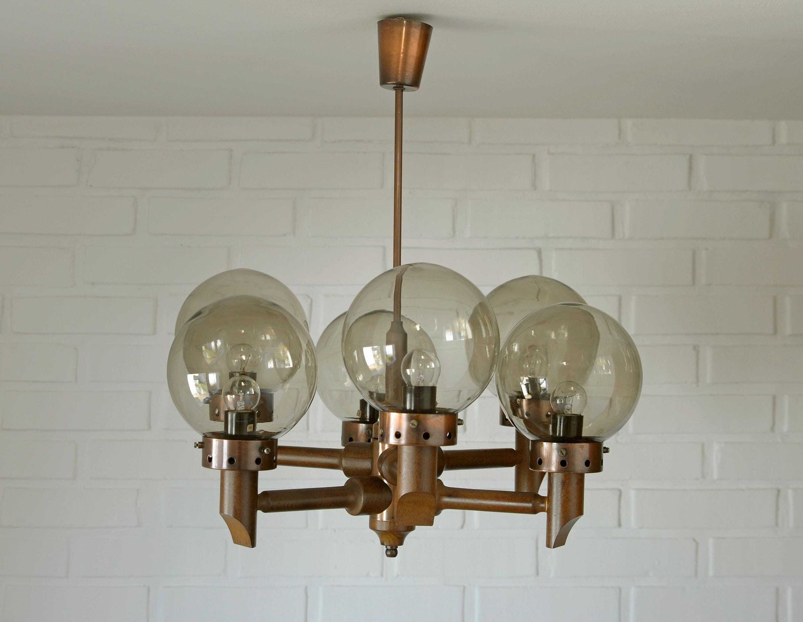 Large Vintage Chandelier / Wooden Hanging Lamp / Yugoslavia 1970 / Mid Century Rustic / Medieval Style Light Fixture / Copper Ceiling Light photo Lighting