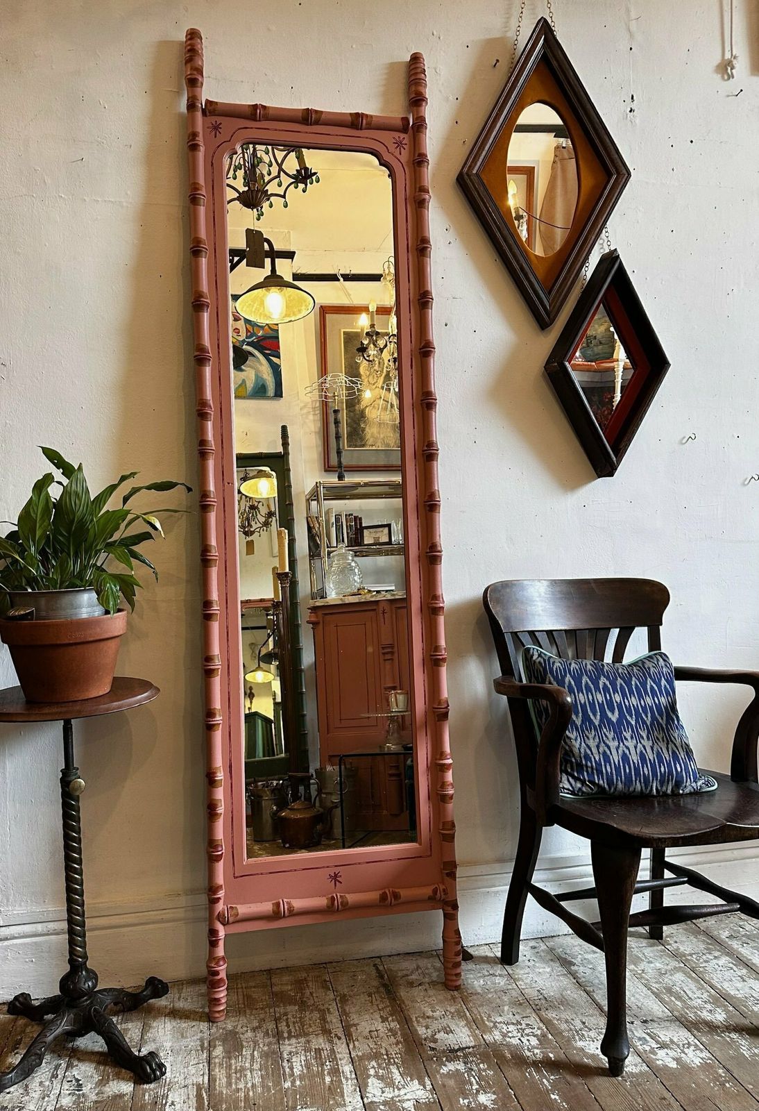 "Made By Muirshin" Faux Bamboo Overpainted Full Length Mirror In Pink photo vinterior