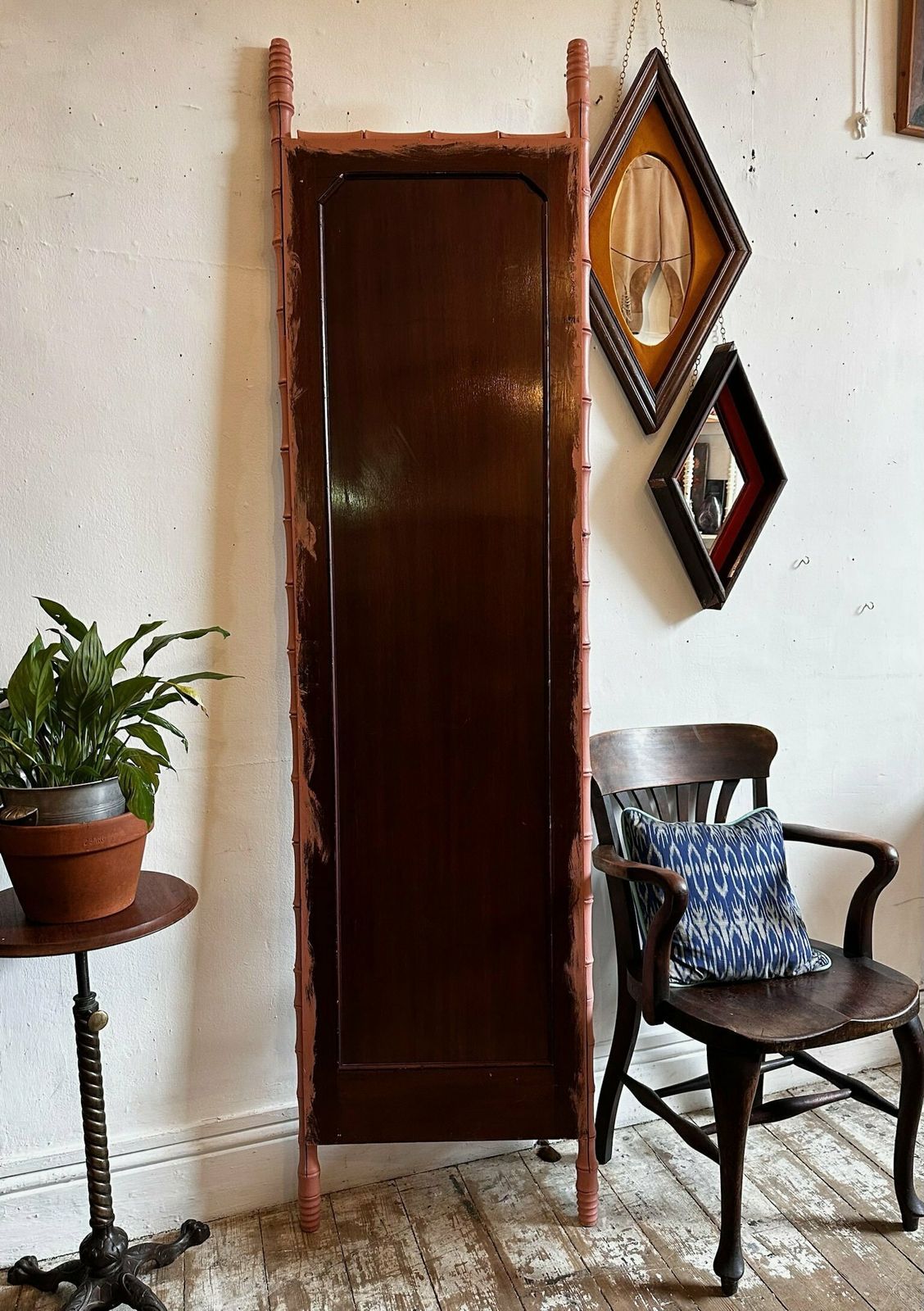 "Made By Muirshin" Faux Bamboo Overpainted Full Length Mirror In Pink photo buy